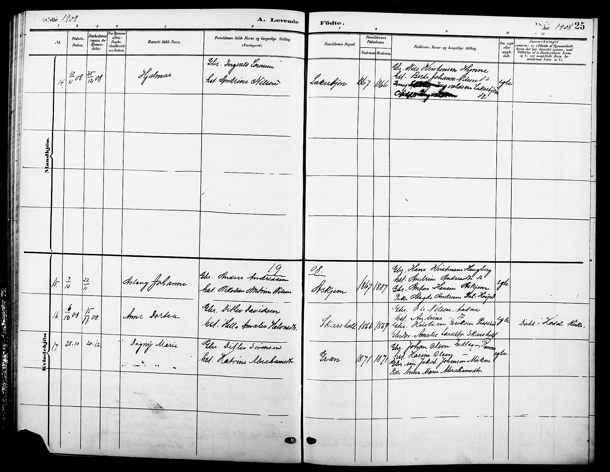 Andebu kirkebøker, AV/SAKO-A-336/G/Ga/L0005: Parish register (copy) no. I 5, 1901-1925, p. 25