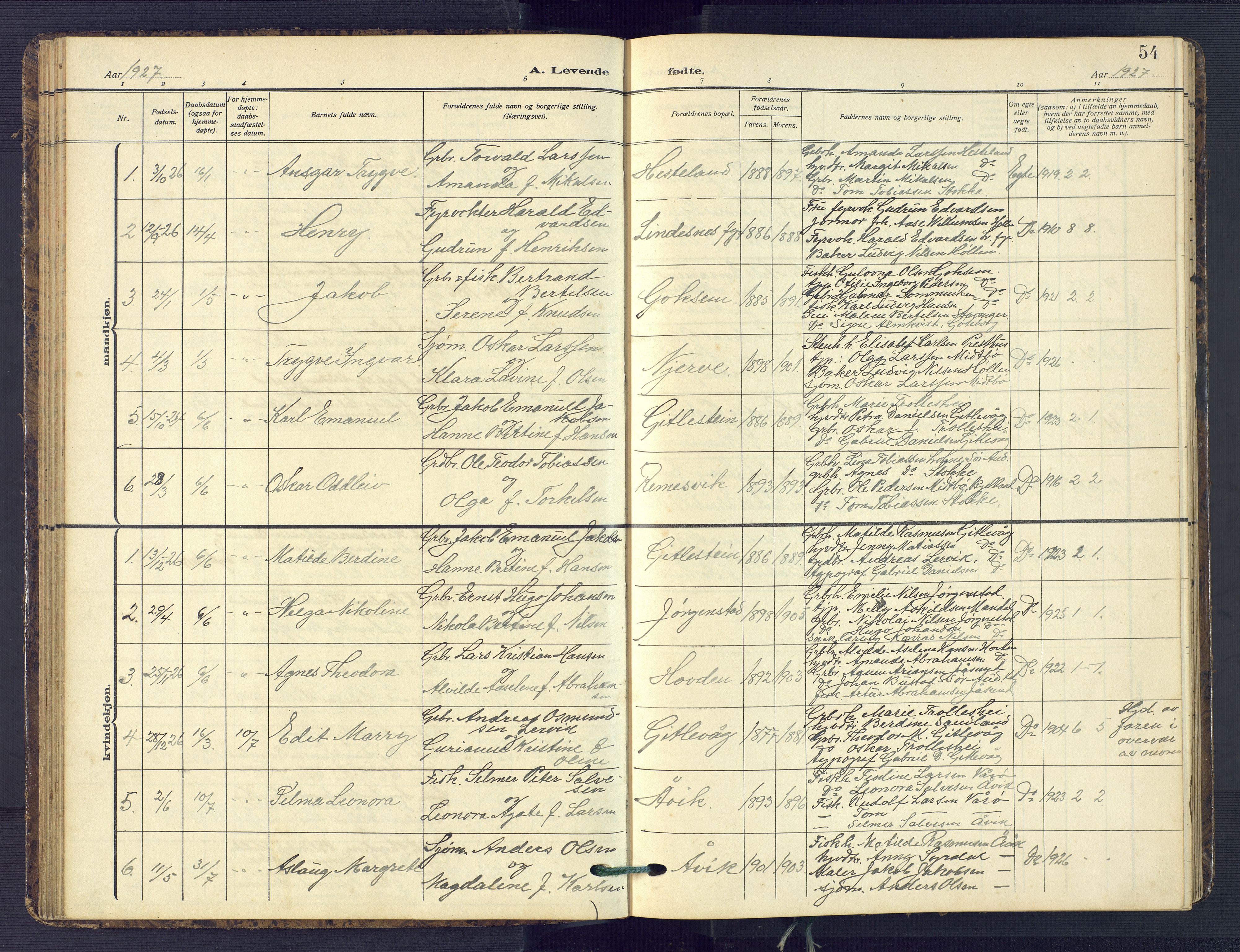 Sør-Audnedal sokneprestkontor, AV/SAK-1111-0039/F/Fb/Fba/L0005: Parish register (copy) no. B 5, 1908-1963, p. 54