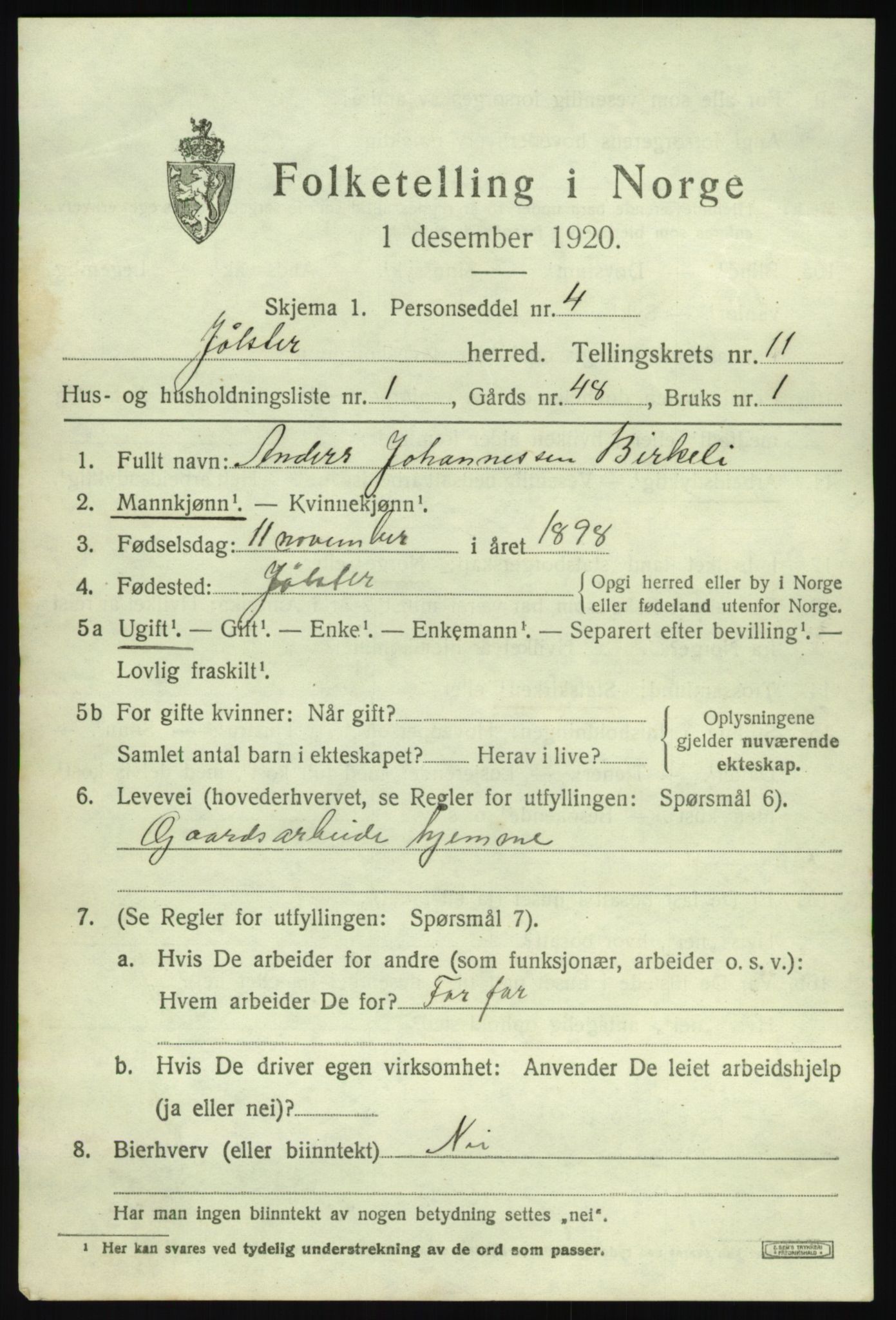 SAB, 1920 census for Jølster, 1920, p. 5060