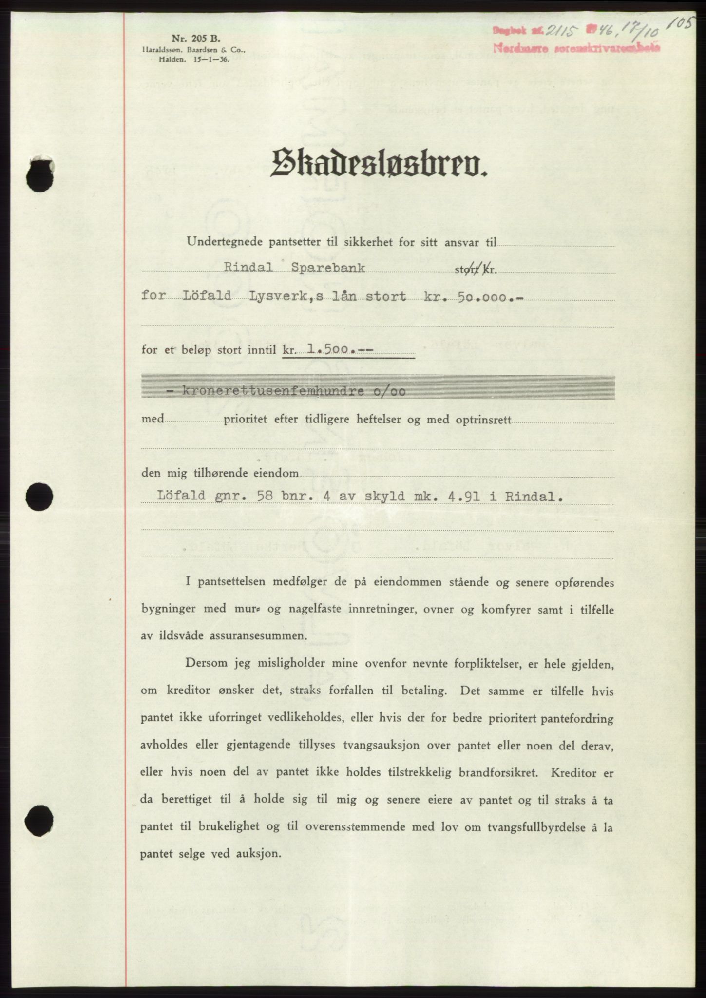 Nordmøre sorenskriveri, AV/SAT-A-4132/1/2/2Ca: Mortgage book no. B95, 1946-1947, Diary no: : 2115/1946