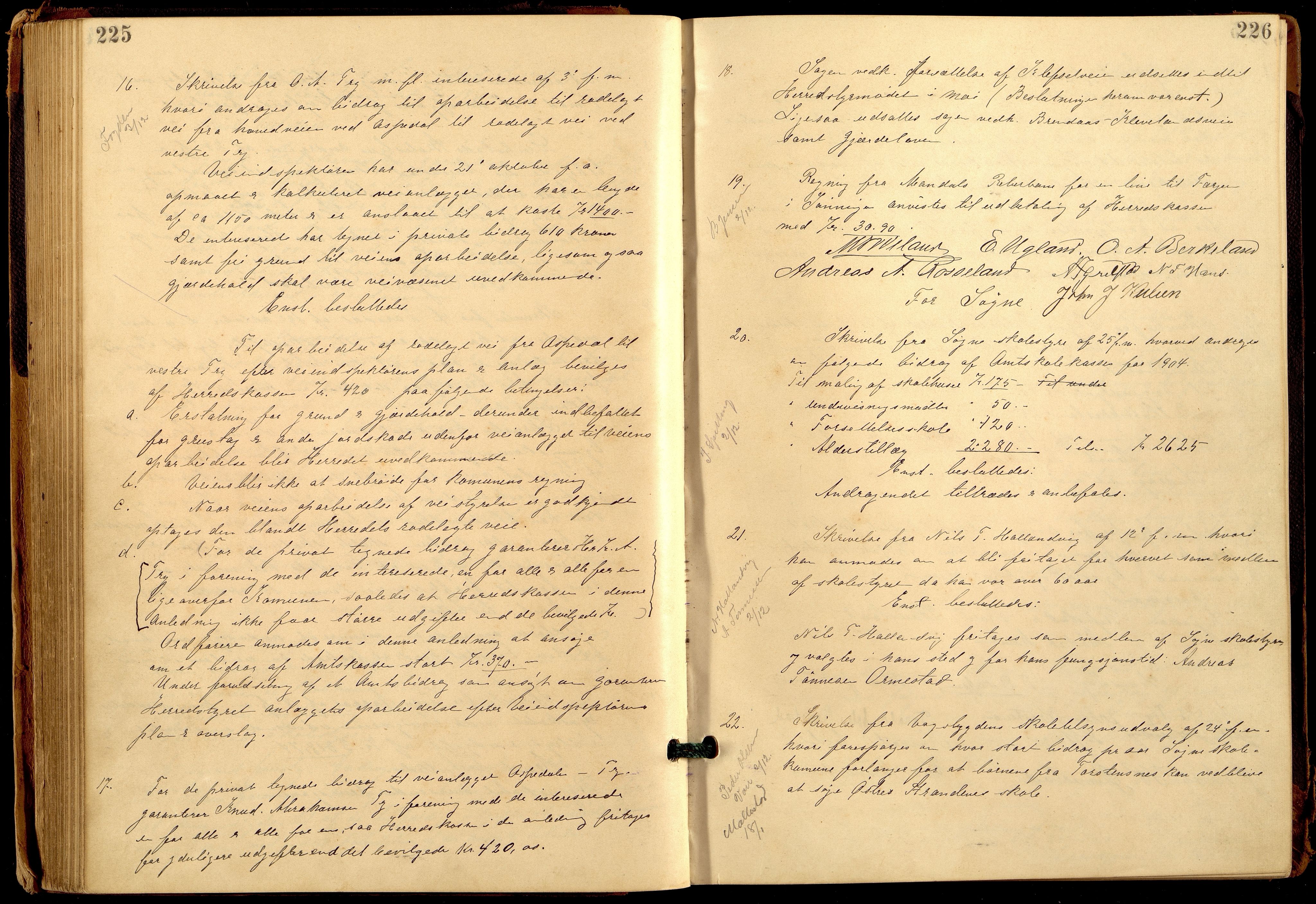 Søgne og Greipstad kommune - Formannskapet, ARKSOR/1018SG120/A/L0006: Møtebok (d), 1901-1909, p. 225-226