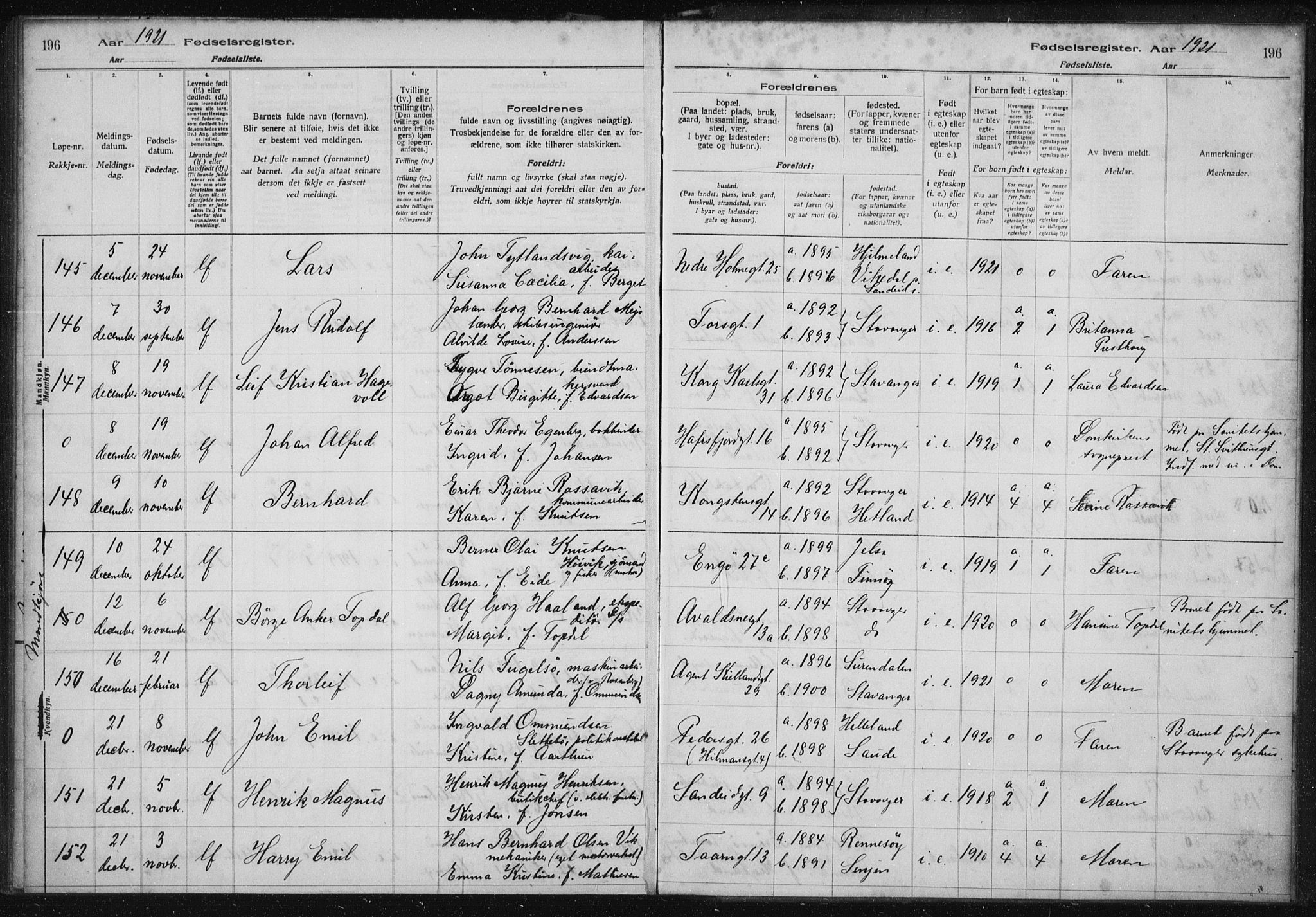 St. Petri sokneprestkontor, SAST/A-101813/002/A/L0001: Birth register no. 1, 1916-1922, p. 196