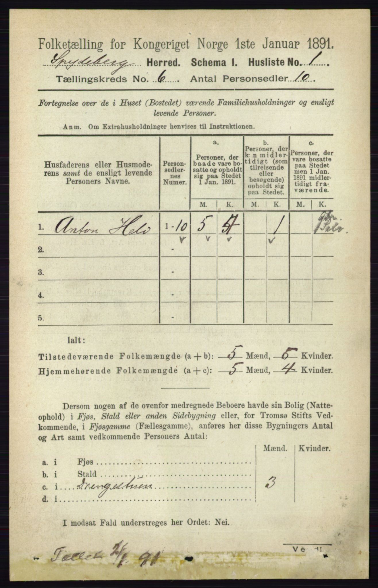 RA, 1891 census for 0123 Spydeberg, 1891, p. 2761