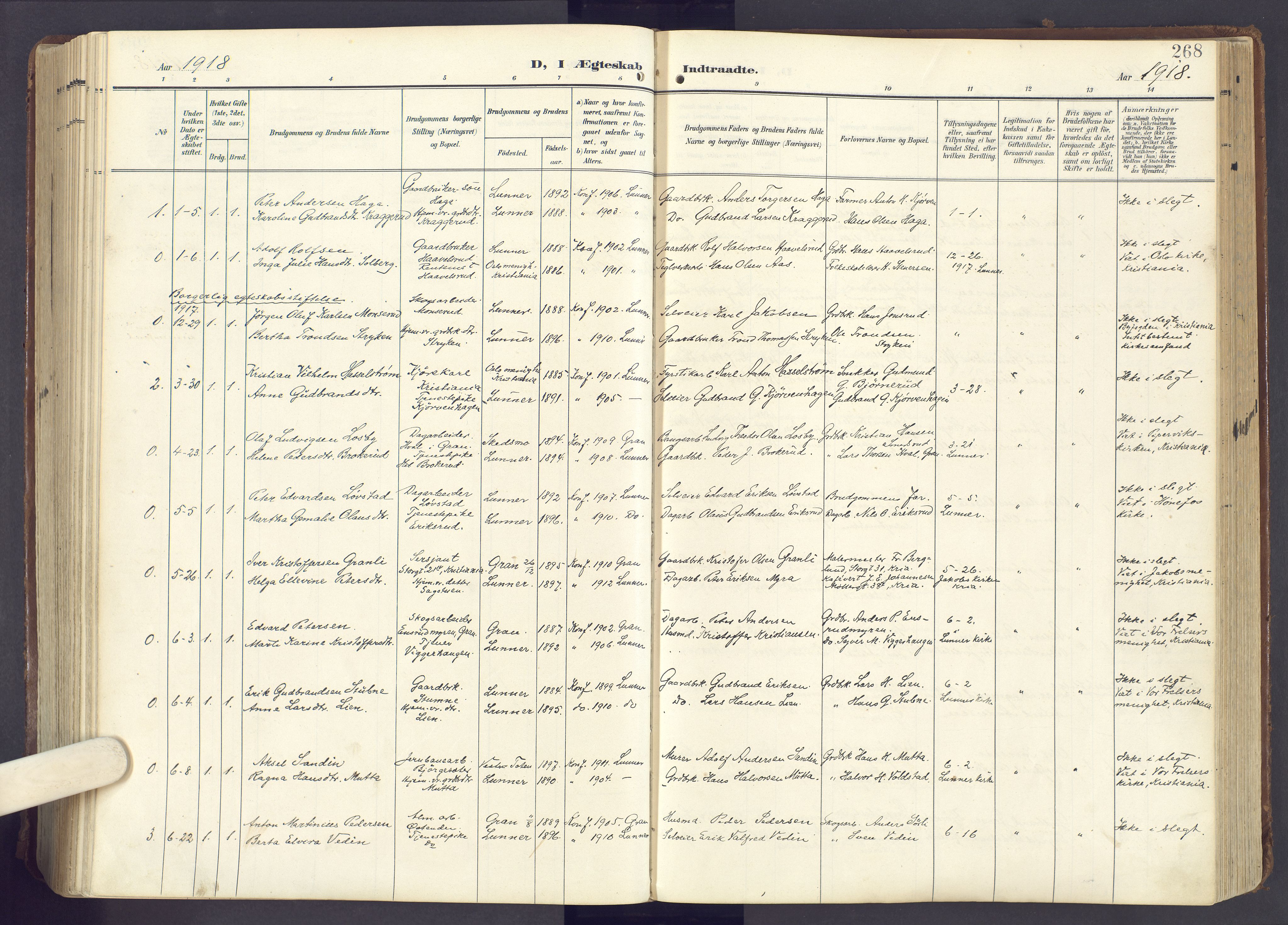 Lunner prestekontor, SAH/PREST-118/H/Ha/Haa/L0001: Parish register (official) no. 1, 1907-1922, p. 268
