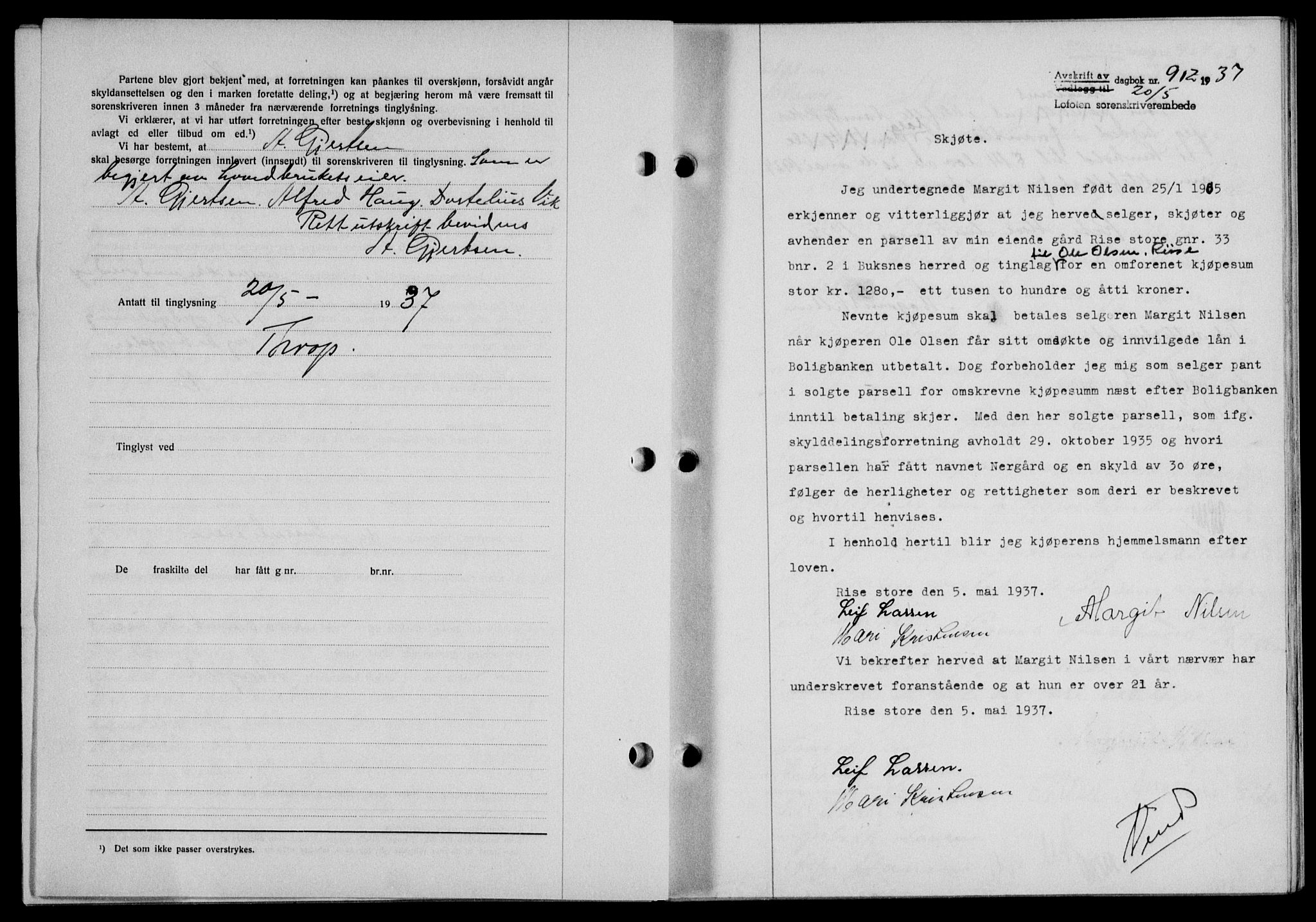 Lofoten sorenskriveri, SAT/A-0017/1/2/2C/L0002a: Mortgage book no. 2a, 1937-1937, Diary no: : 912/1937