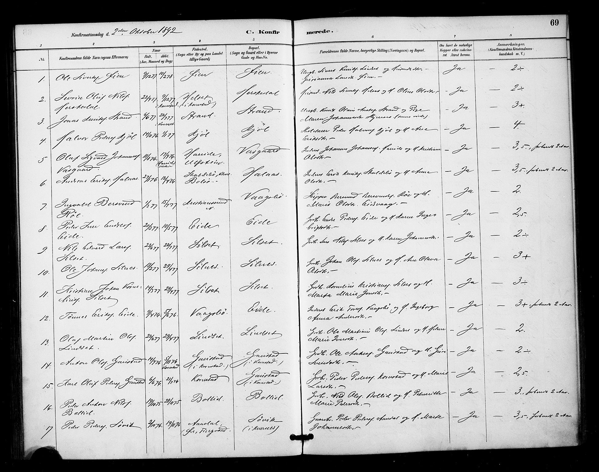 Ministerialprotokoller, klokkerbøker og fødselsregistre - Møre og Romsdal, AV/SAT-A-1454/571/L0836: Parish register (official) no. 571A01, 1884-1899, p. 69