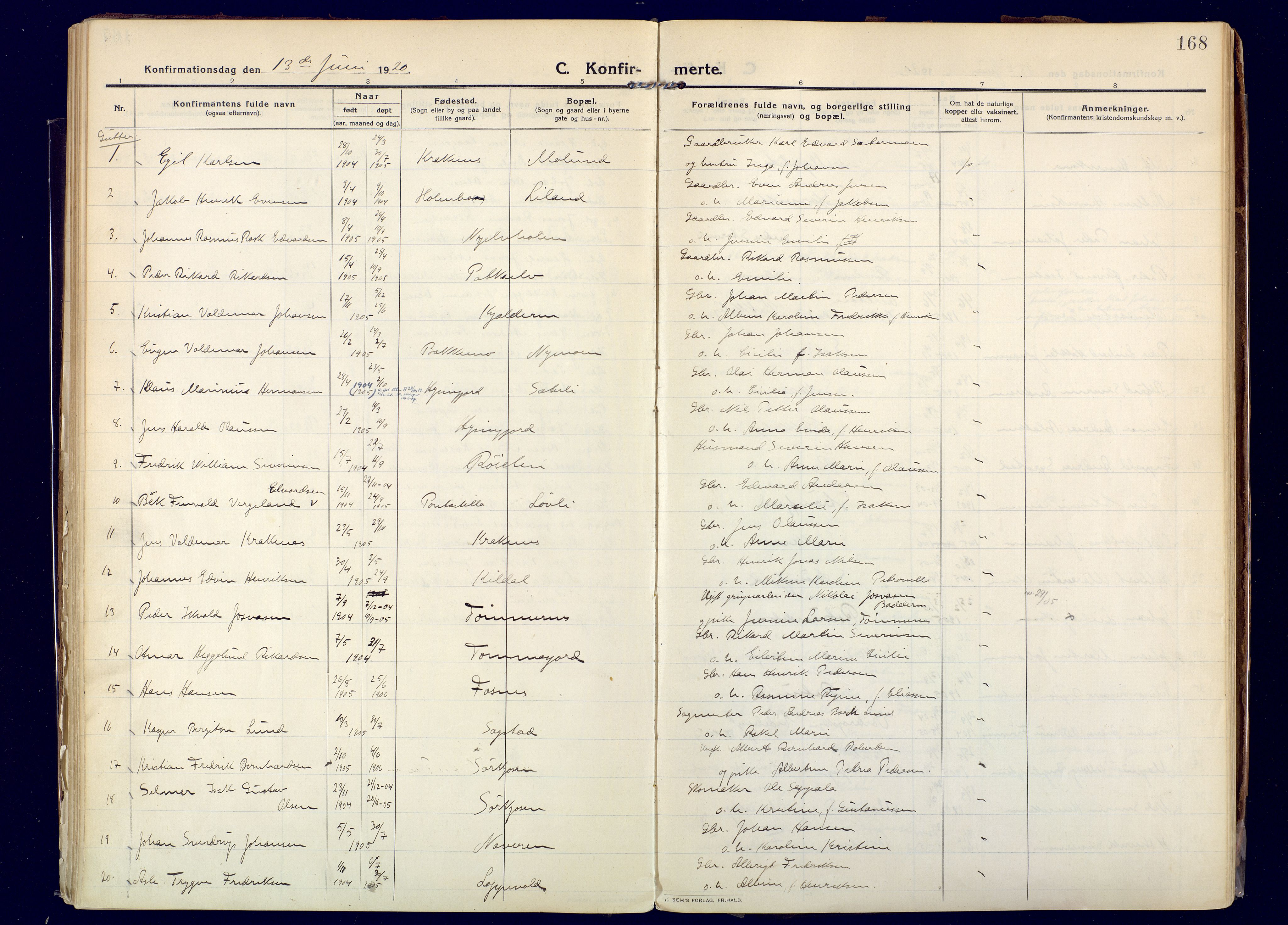 Skjervøy sokneprestkontor, SATØ/S-1300/H/Ha/Haa: Parish register (official) no. 20, 1911-1931, p. 168
