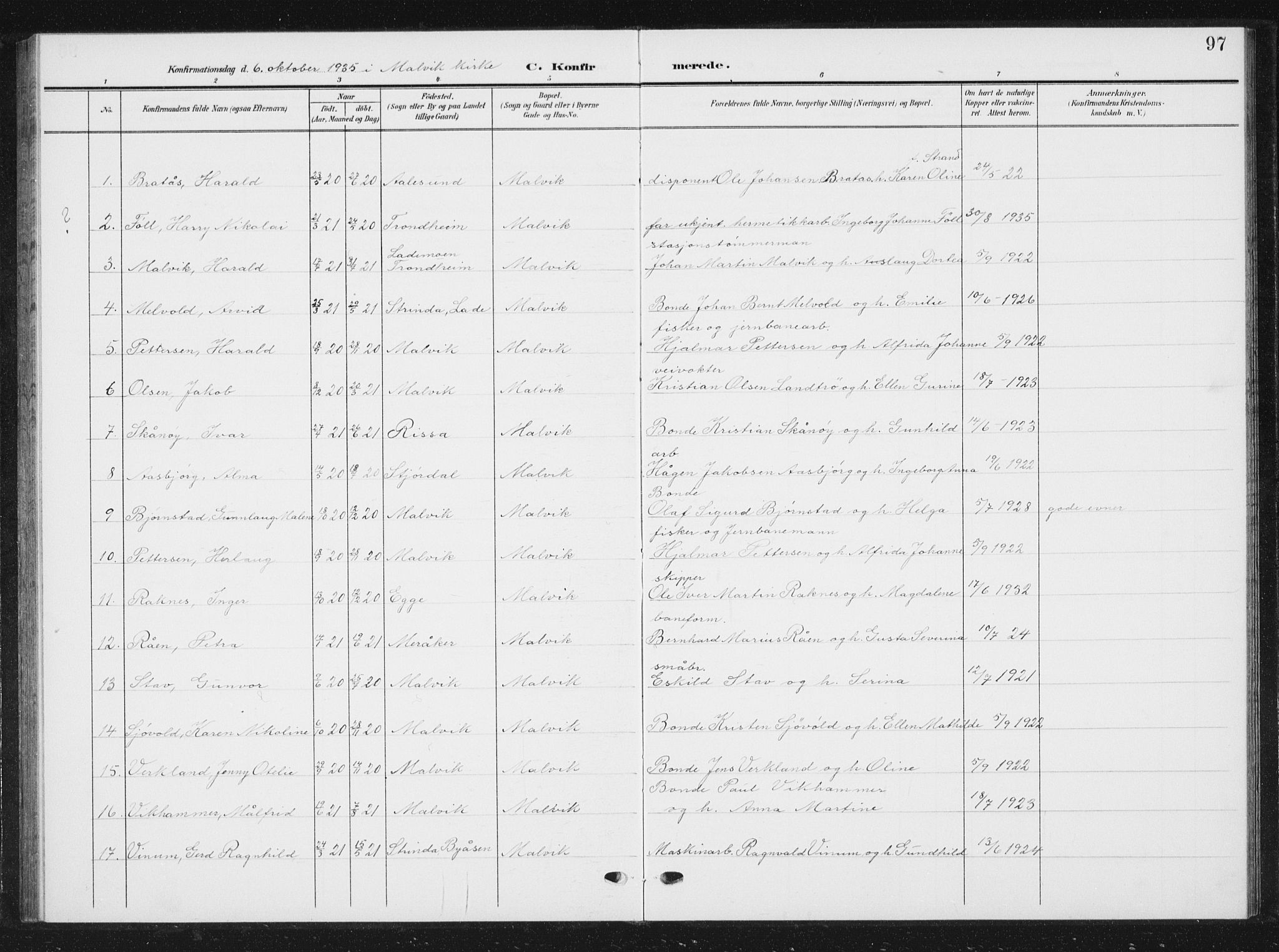 Ministerialprotokoller, klokkerbøker og fødselsregistre - Sør-Trøndelag, SAT/A-1456/616/L0424: Parish register (copy) no. 616C07, 1904-1940, p. 97