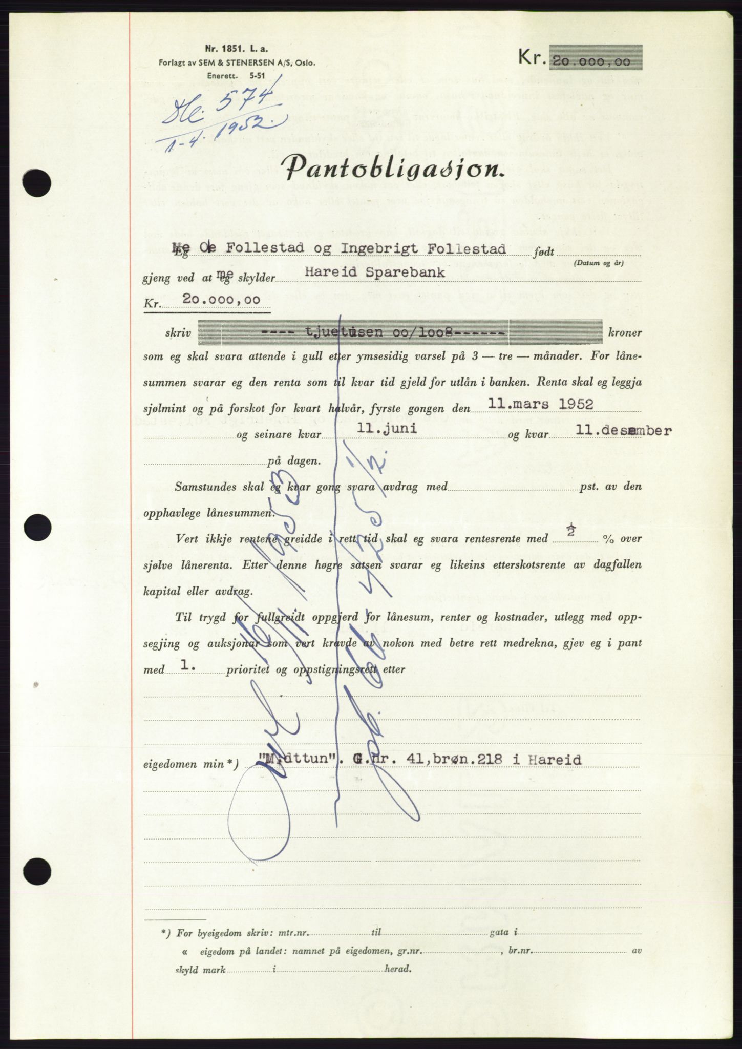 Søre Sunnmøre sorenskriveri, AV/SAT-A-4122/1/2/2C/L0121: Mortgage book no. 9B, 1951-1952, Diary no: : 574/1952