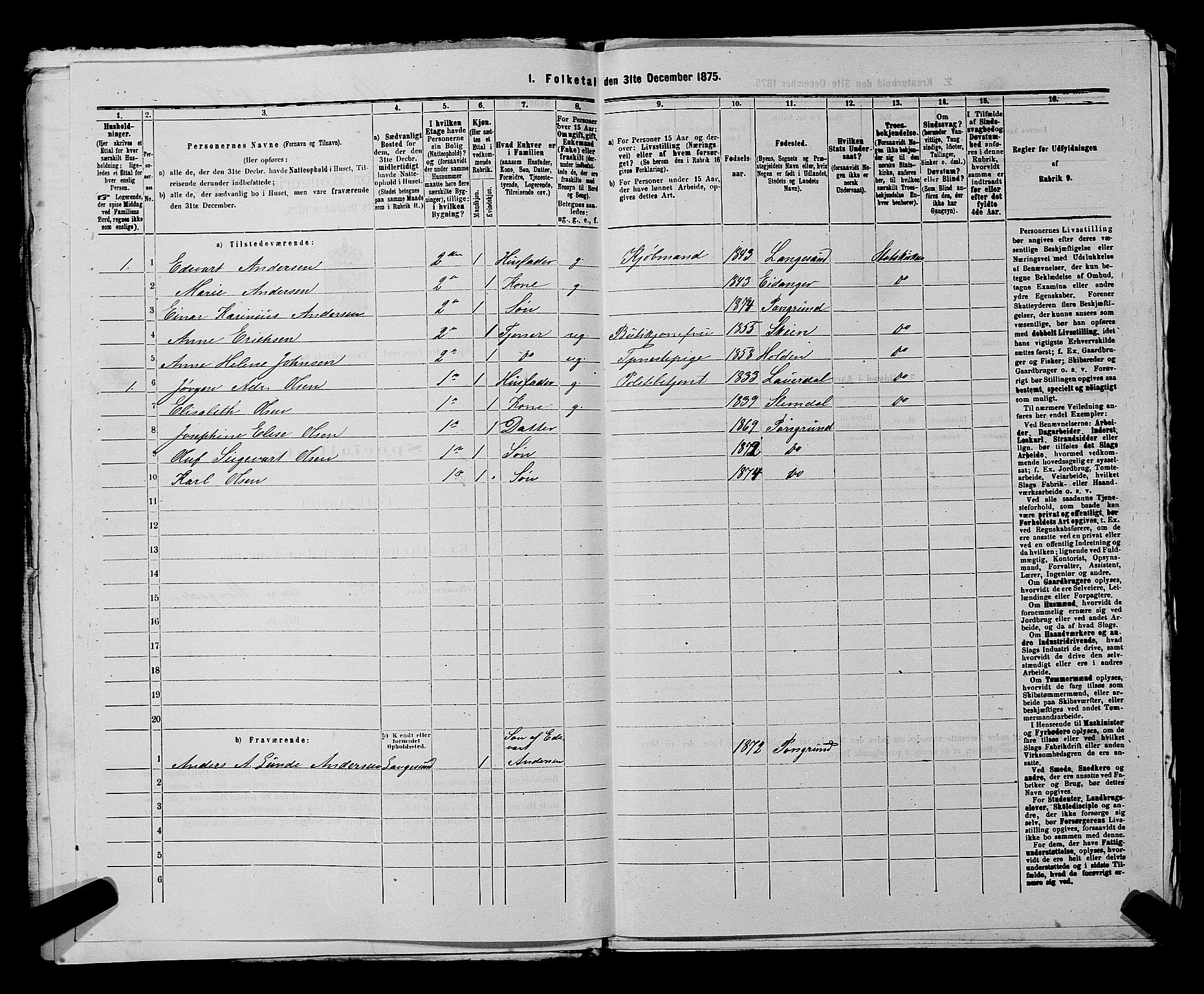 SAKO, 1875 census for 0805P Porsgrunn, 1875, p. 394