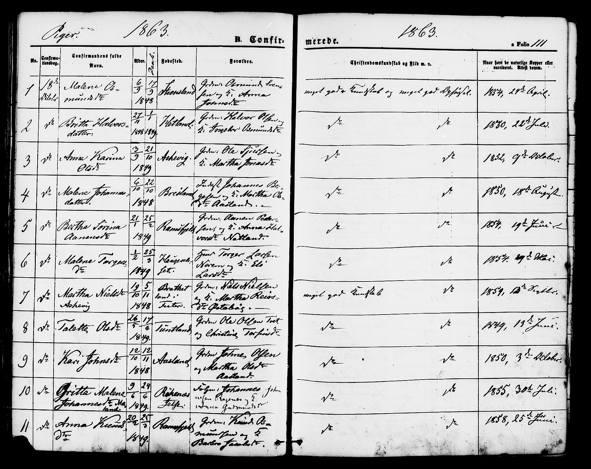 Hjelmeland sokneprestkontor, AV/SAST-A-101843/01/IV/L0011: Parish register (official) no. A 11, 1861-1878, p. 111