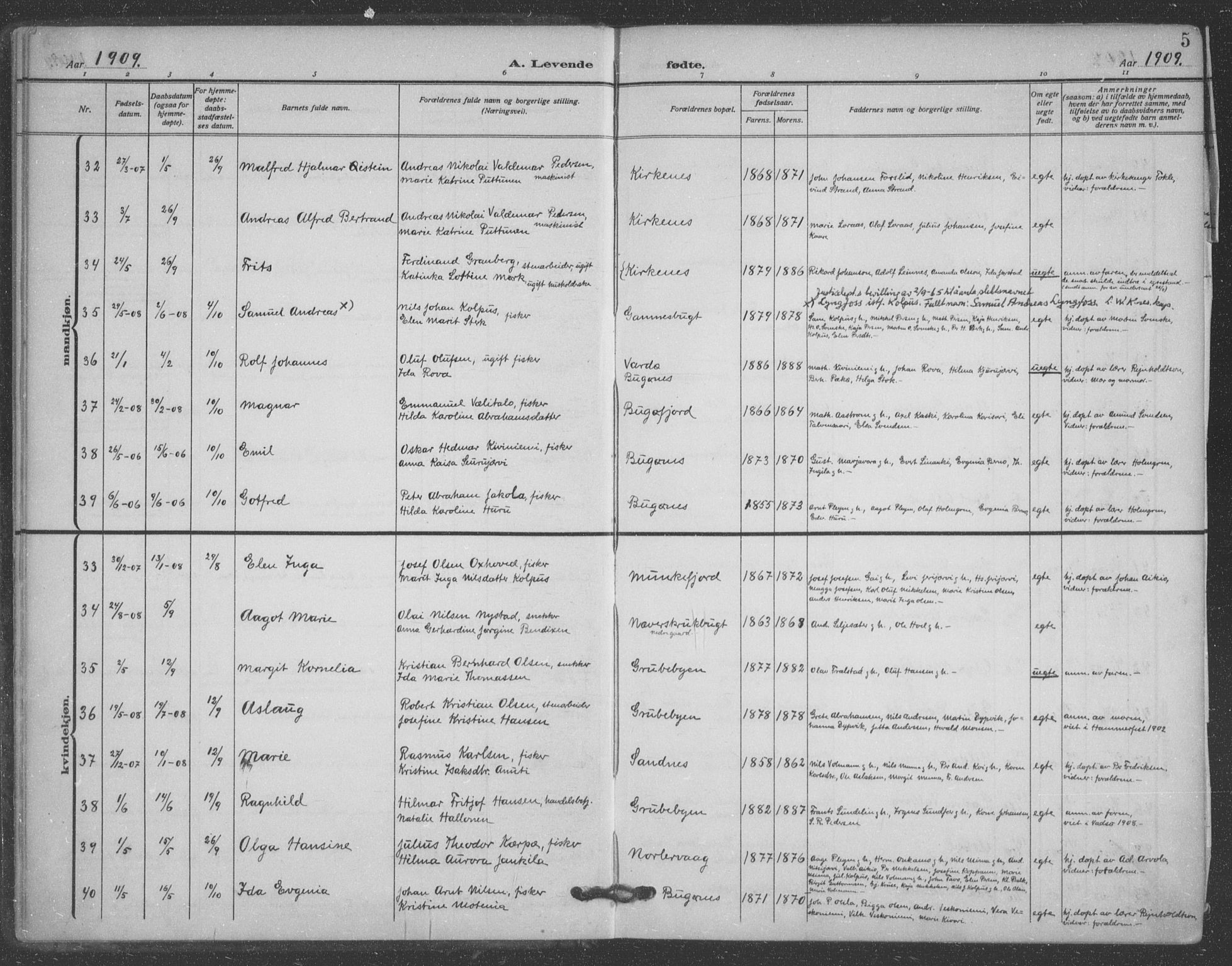 Sør-Varanger sokneprestkontor, SATØ/S-1331/H/Ha/L0005kirke: Parish register (official) no. 5, 1909-1919, p. 5