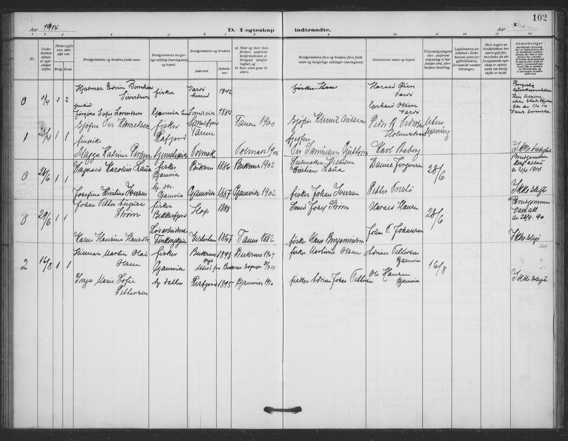 Tana sokneprestkontor, SATØ/S-1334/H/Ha/L0008kirke: Parish register (official) no. 8, 1908-1920, p. 102