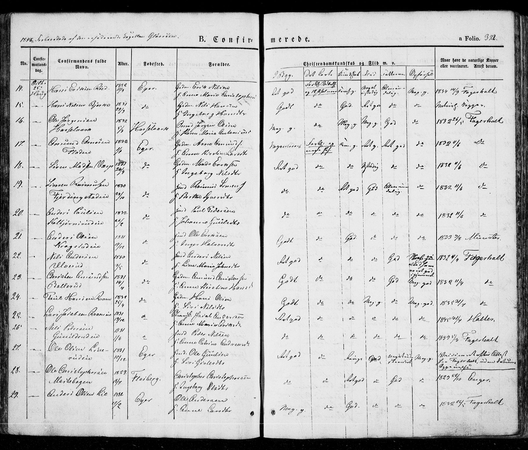 Eiker kirkebøker, AV/SAKO-A-4/G/Ga/L0002: Parish register (copy) no. I 2, 1832-1856, p. 322