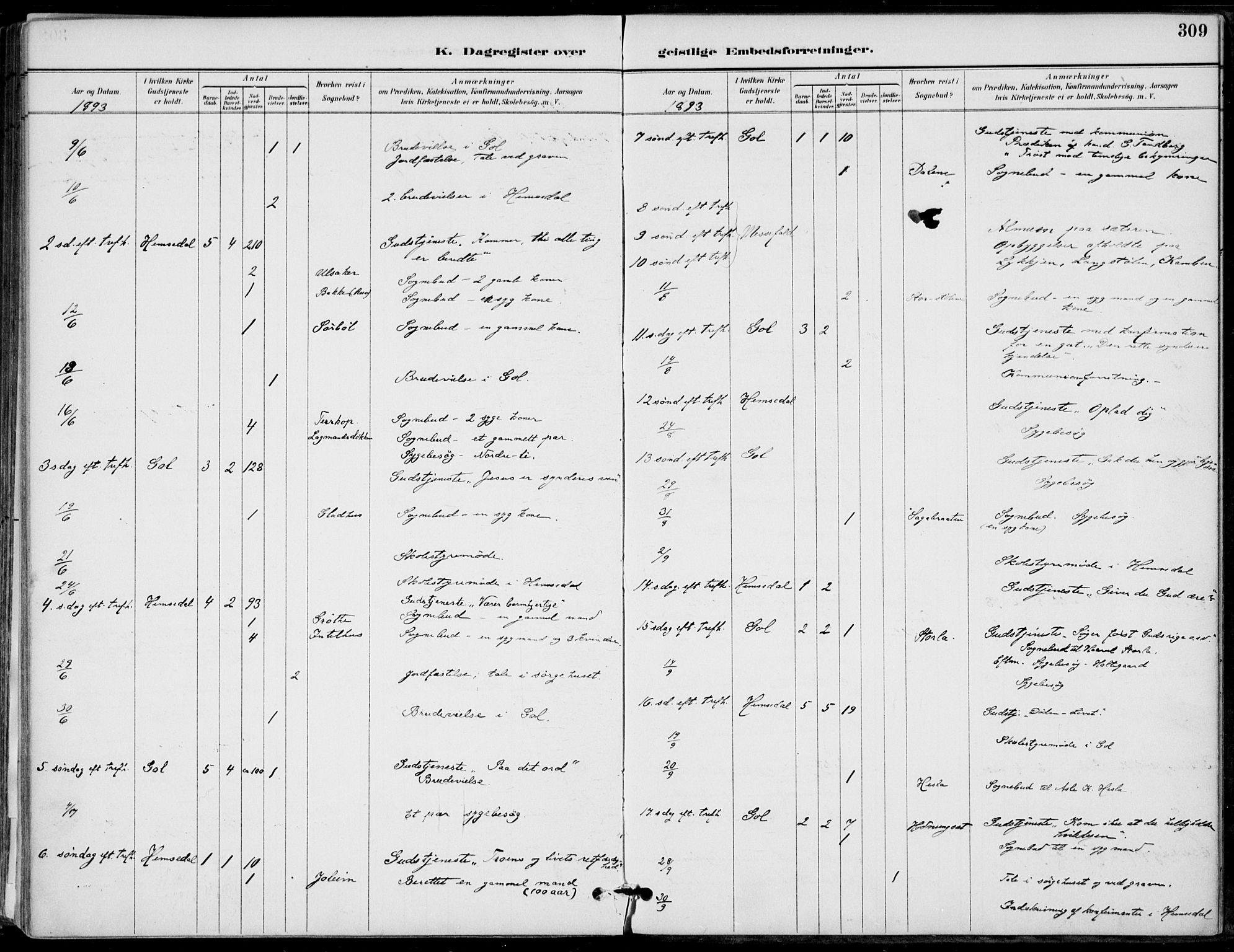 Gol kirkebøker, AV/SAKO-A-226/F/Fa/L0005: Parish register (official) no. I 5, 1887-1900, p. 309