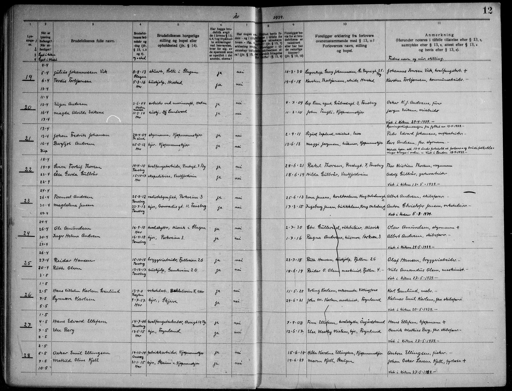 Nøtterøy kirkebøker, AV/SAKO-A-354/H/Ha/L0002: Banns register no. 2, 1937-1952, p. 12