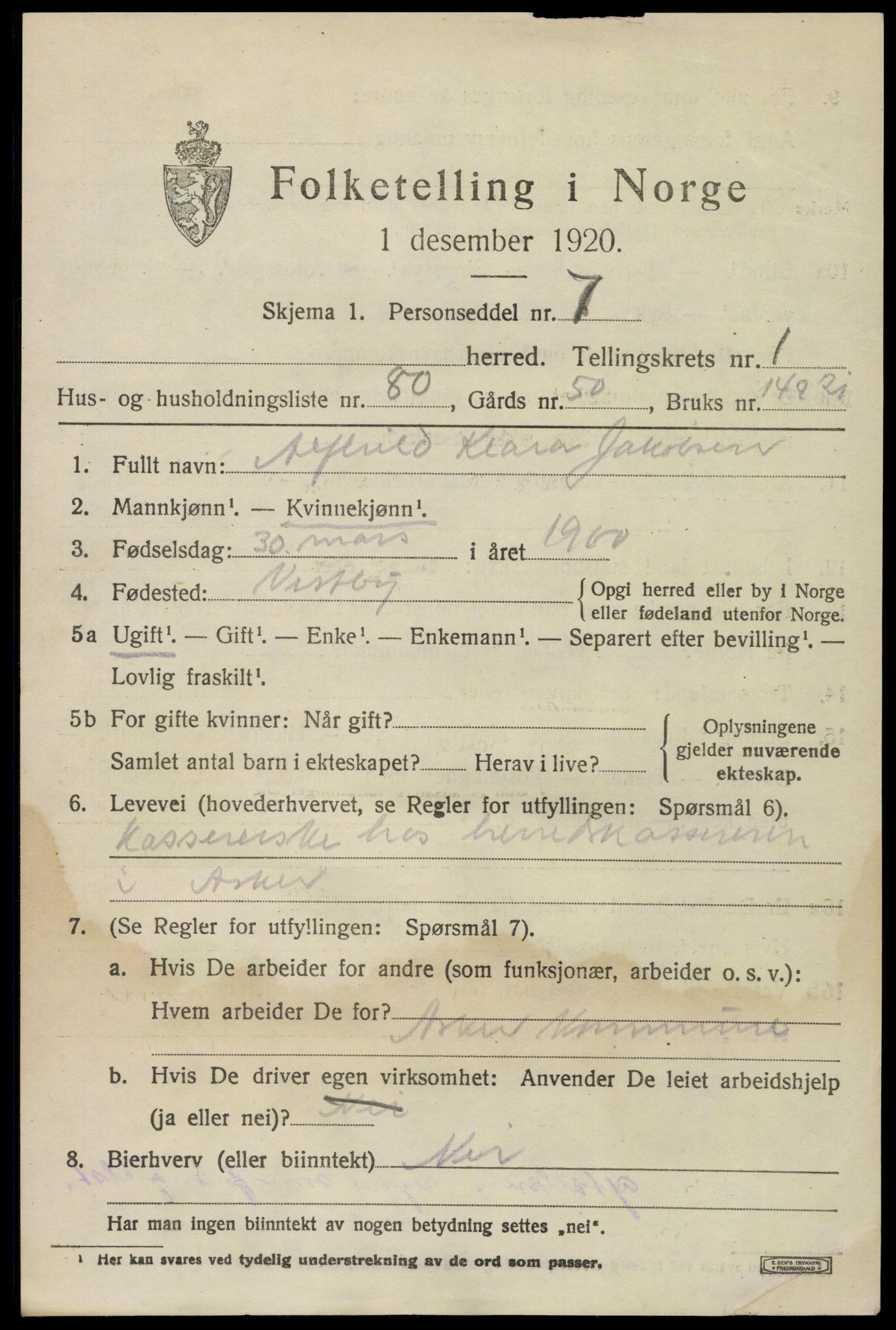 SAO, 1920 census for Asker, 1920, p. 3524