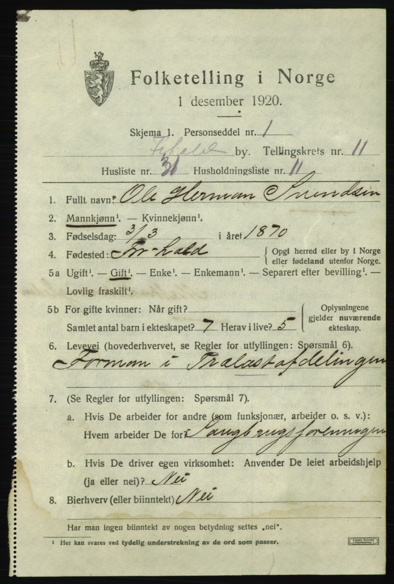 SAO, 1920 census for Fredrikshald, 1920, p. 19617