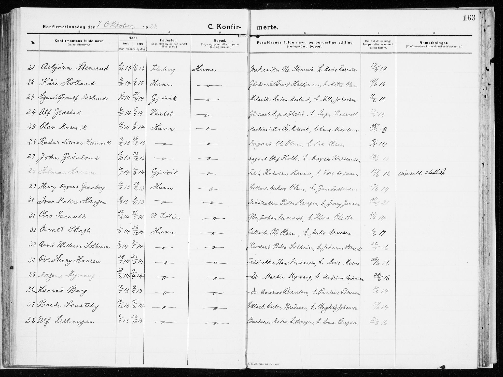 Vardal prestekontor, SAH/PREST-100/H/Ha/Haa/L0017: Parish register (official) no. 17, 1915-1929, p. 163