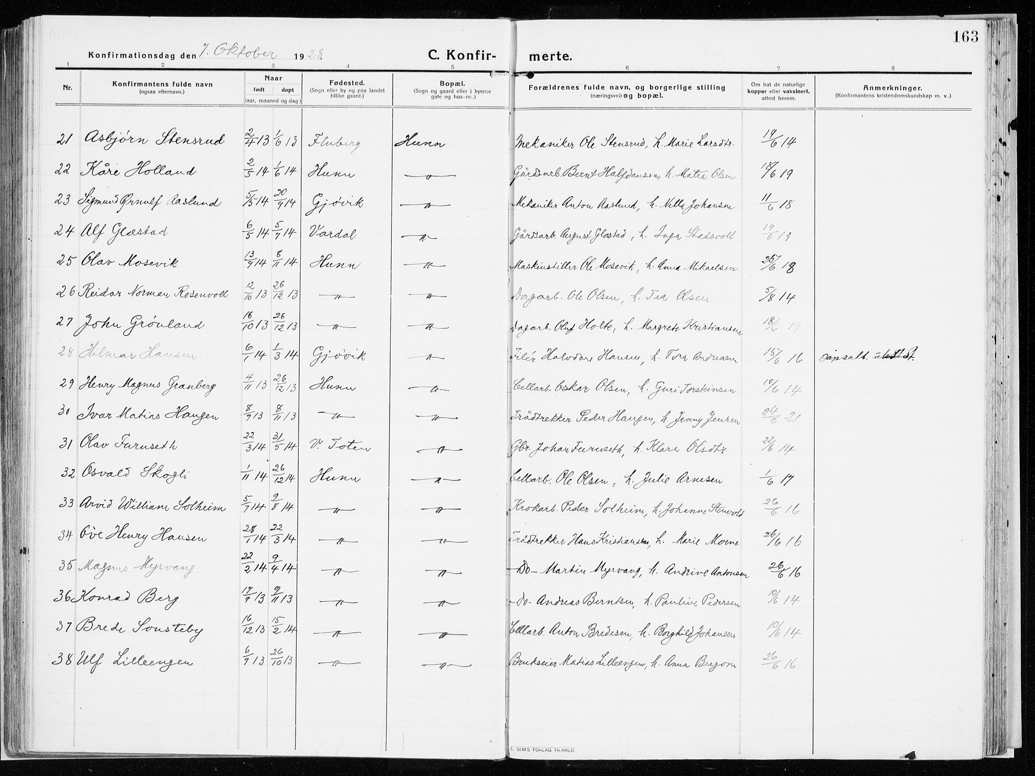 Vardal prestekontor, AV/SAH-PREST-100/H/Ha/Haa/L0017: Parish register (official) no. 17, 1915-1929, p. 163