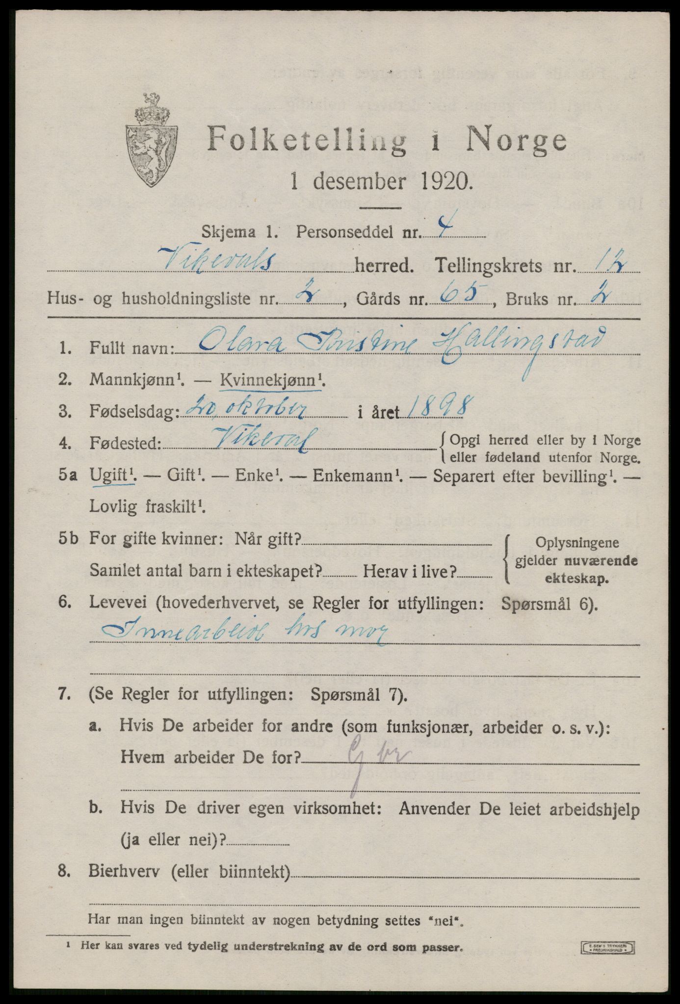 SAST, 1920 census for Vikedal, 1920, p. 3777