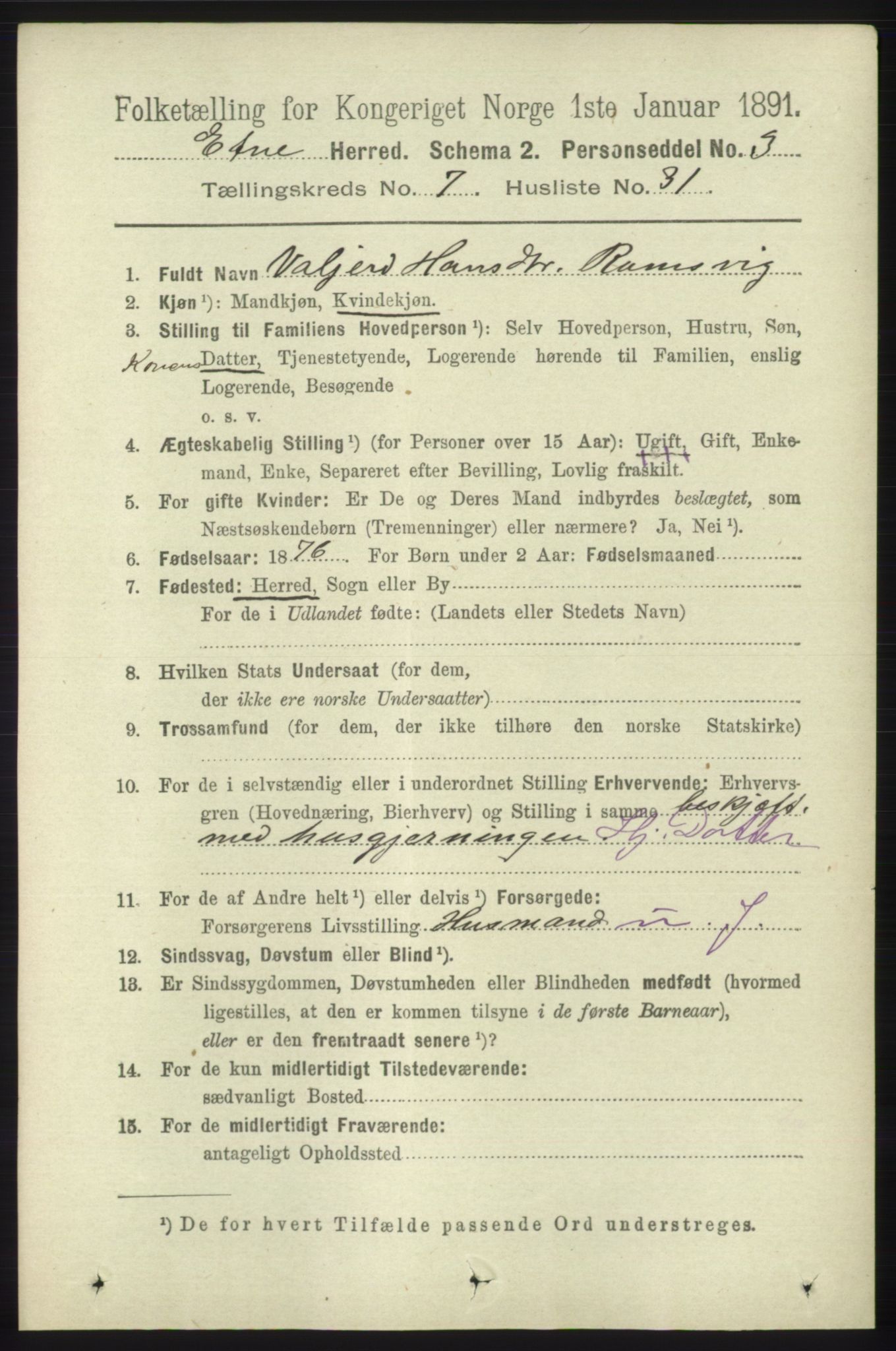 RA, 1891 census for 1211 Etne, 1891, p. 1519