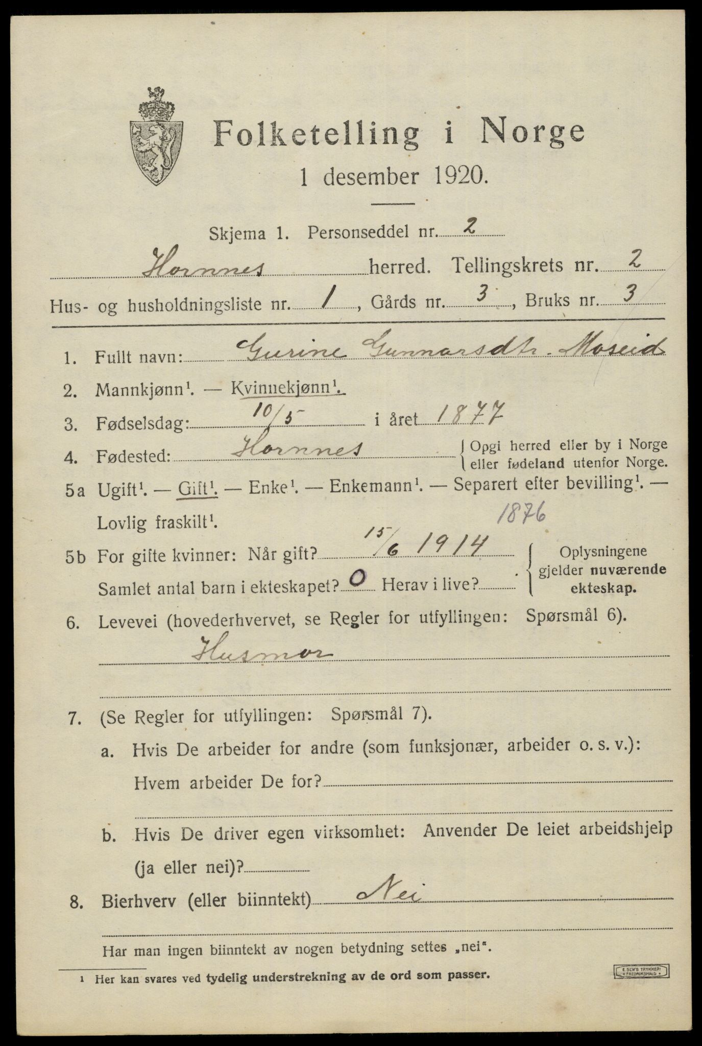 SAK, 1920 census for Hornnes, 1920, p. 703