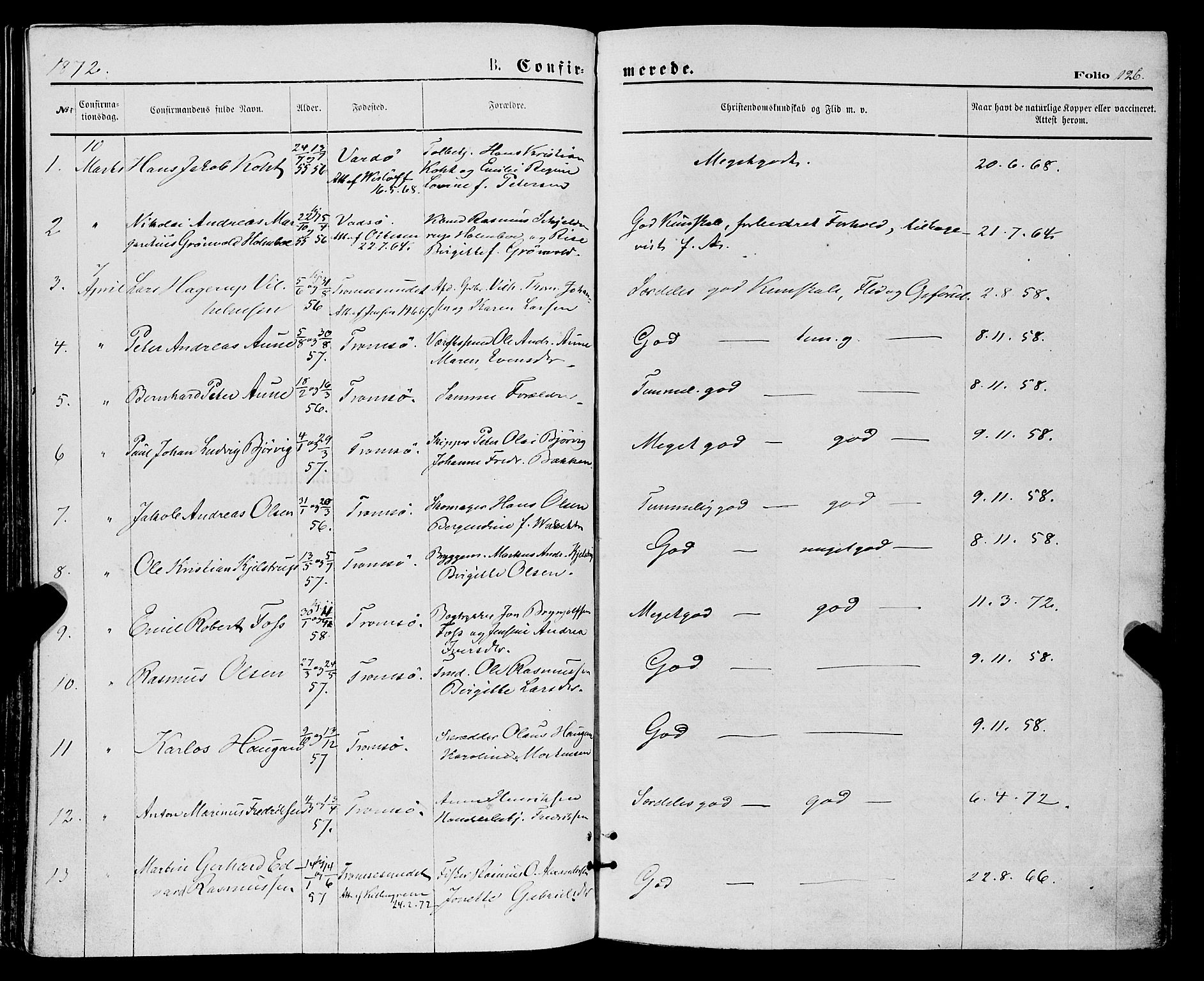 Tromsø sokneprestkontor/stiftsprosti/domprosti, SATØ/S-1343/G/Ga/L0013kirke: Parish register (official) no. 13, 1872-1877, p. 126