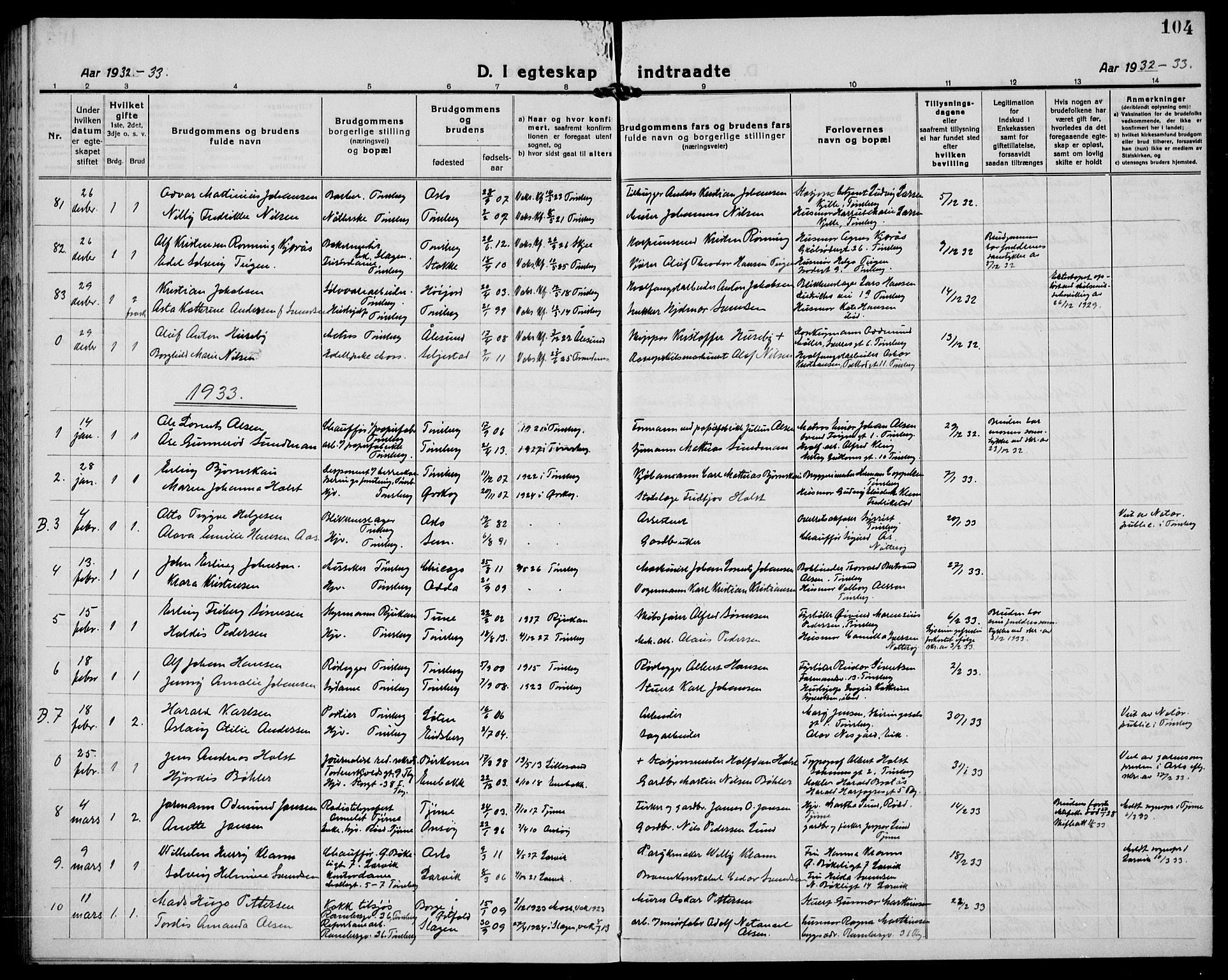 Tønsberg kirkebøker, AV/SAKO-A-330/G/Ga/L0016: Parish register (copy) no. 16, 1920-1933, p. 104