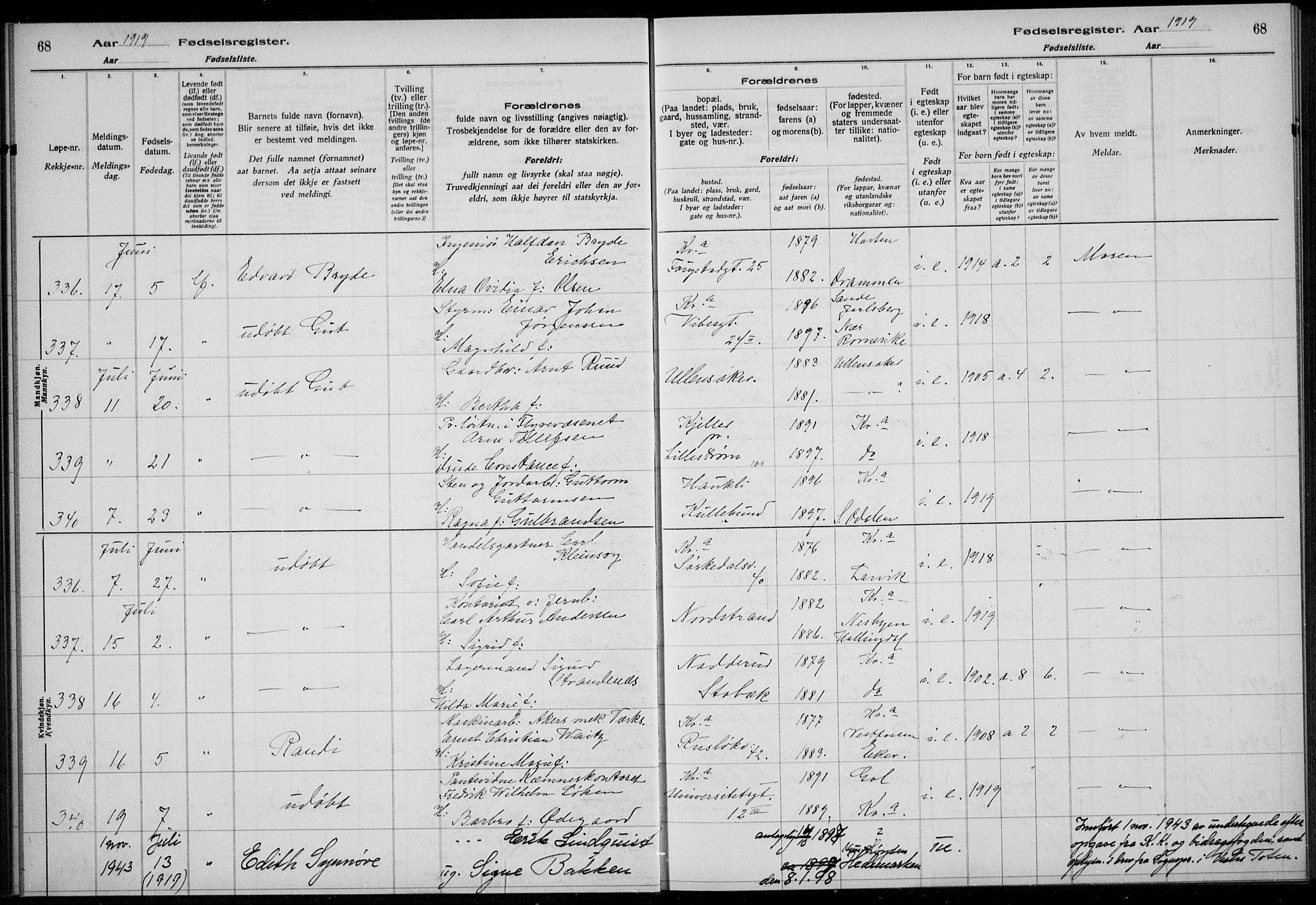 Rikshospitalet prestekontor Kirkebøker, SAO/A-10309b/J/L0004: Birth register no. 4, 1919-1919, p. 68