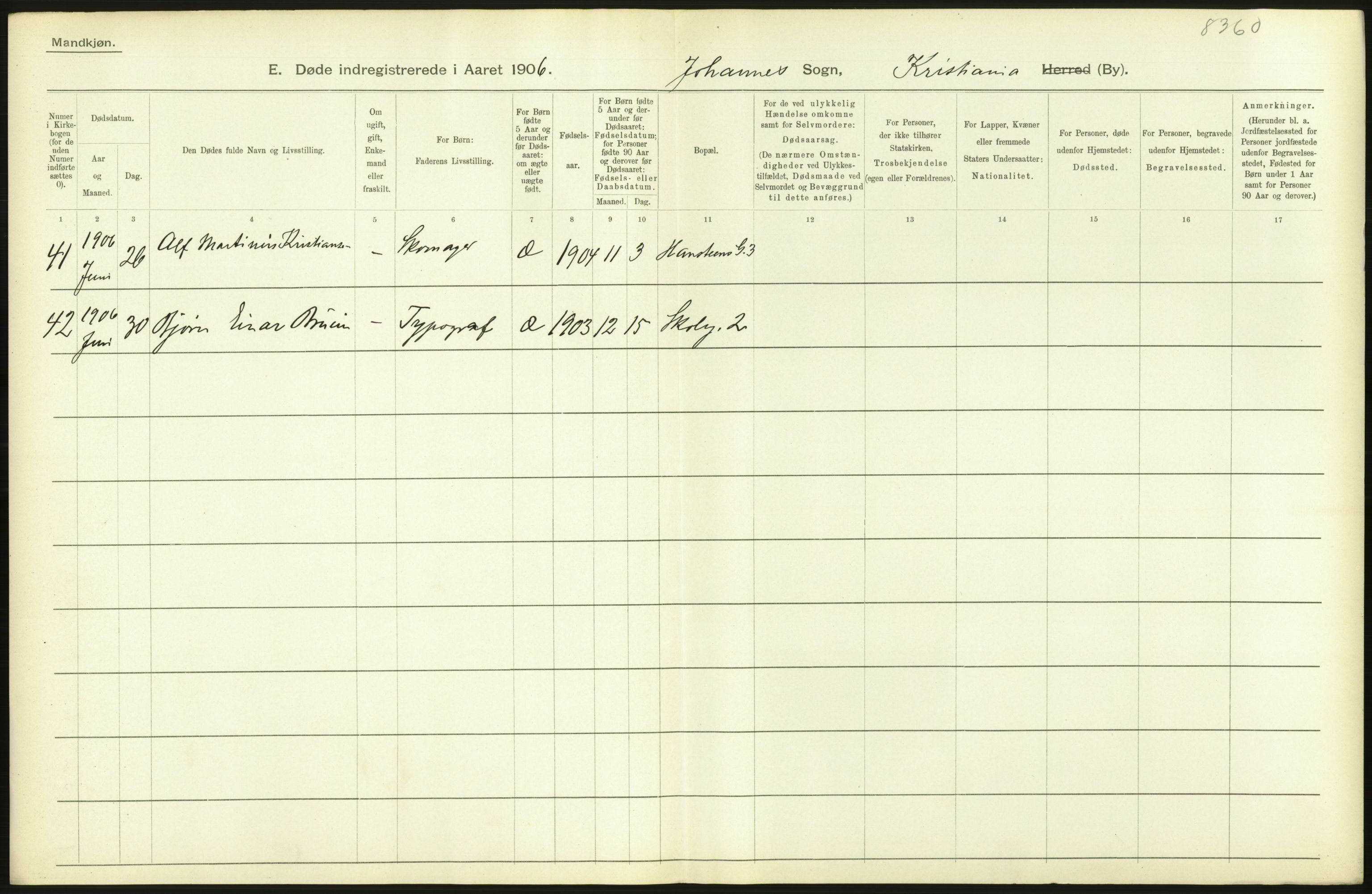 Statistisk sentralbyrå, Sosiodemografiske emner, Befolkning, AV/RA-S-2228/D/Df/Dfa/Dfad/L0010: Kristiania: Døde, dødfødte, 1906, p. 426