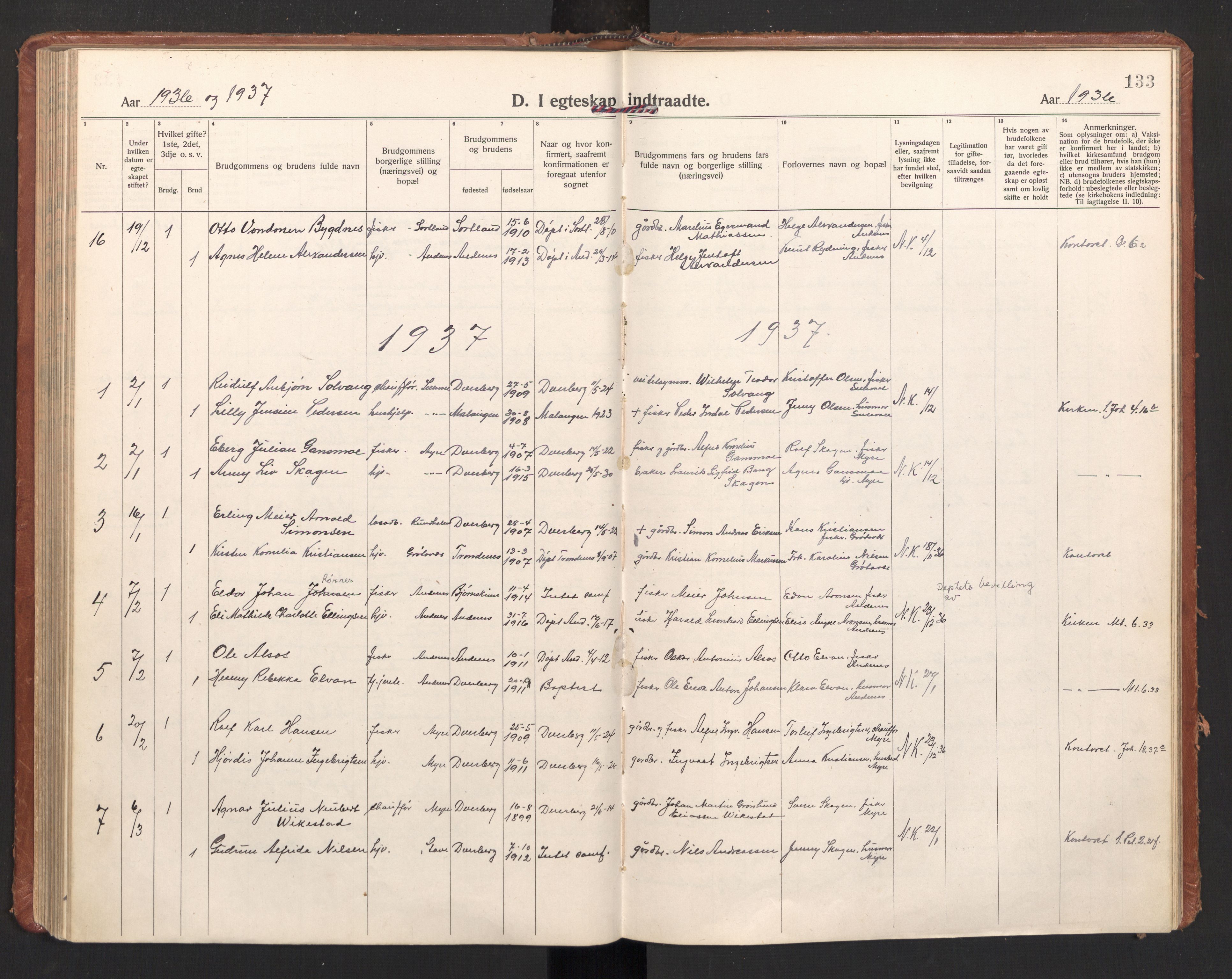 Ministerialprotokoller, klokkerbøker og fødselsregistre - Nordland, AV/SAT-A-1459/897/L1408: Parish register (official) no. 897A15, 1922-1938, p. 133