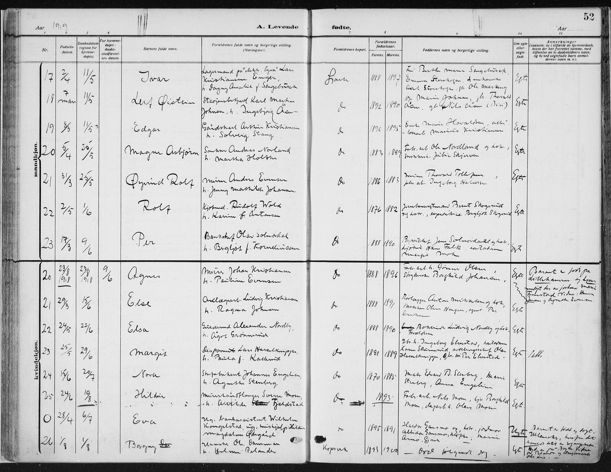 Vardal prestekontor, AV/SAH-PREST-100/H/Ha/Haa/L0014: Parish register (official) no. 14, 1912-1922, p. 52