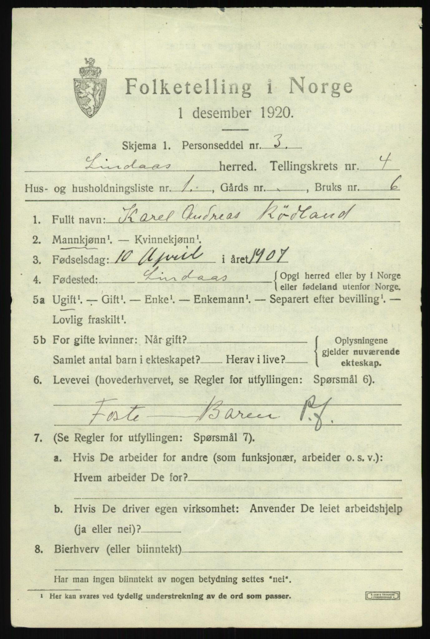 SAB, 1920 census for Lindås, 1920, p. 2599