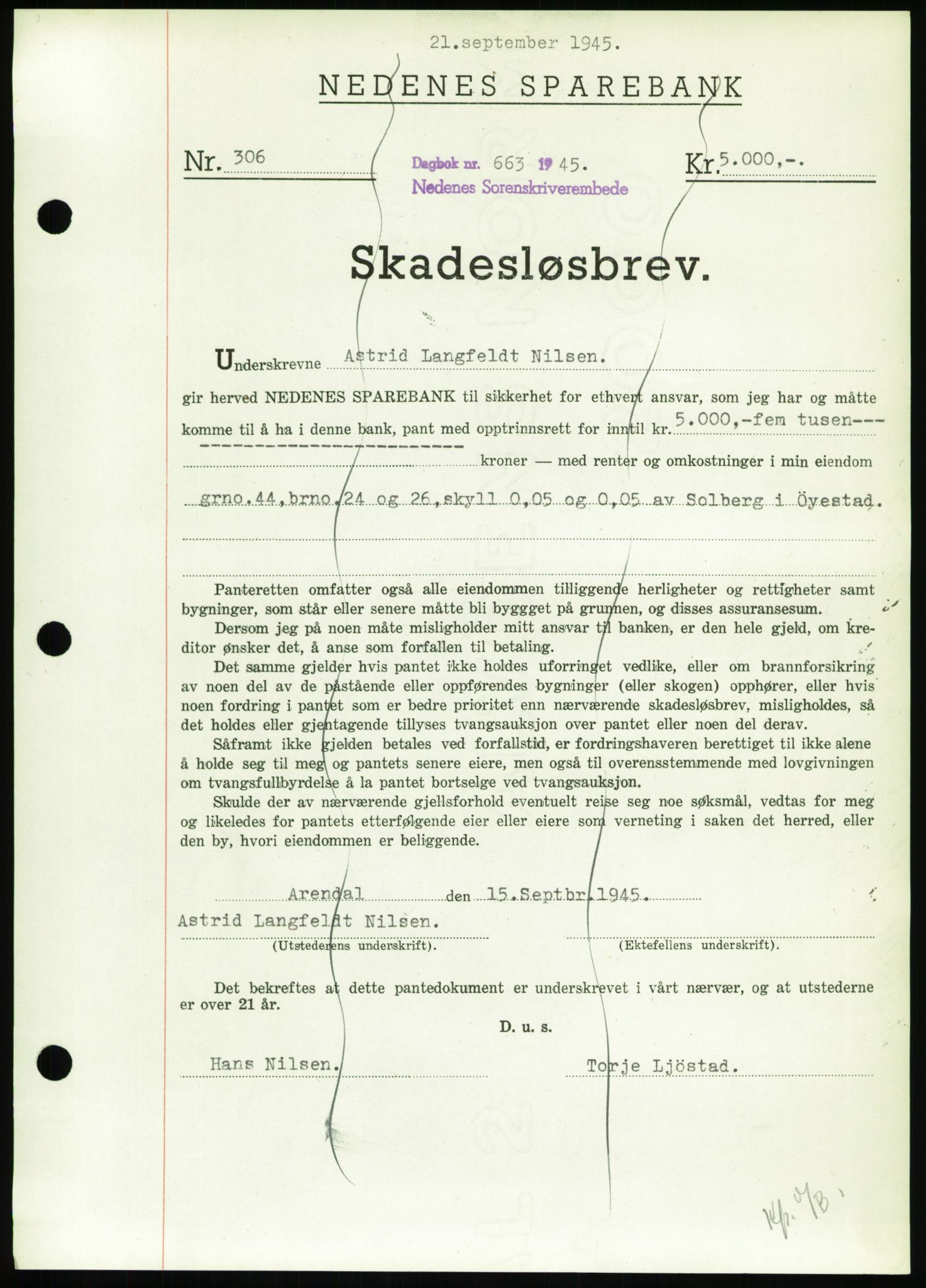 Nedenes sorenskriveri, AV/SAK-1221-0006/G/Gb/Gbb/L0002: Mortgage book no. II, 1942-1945, Diary no: : 663/1945