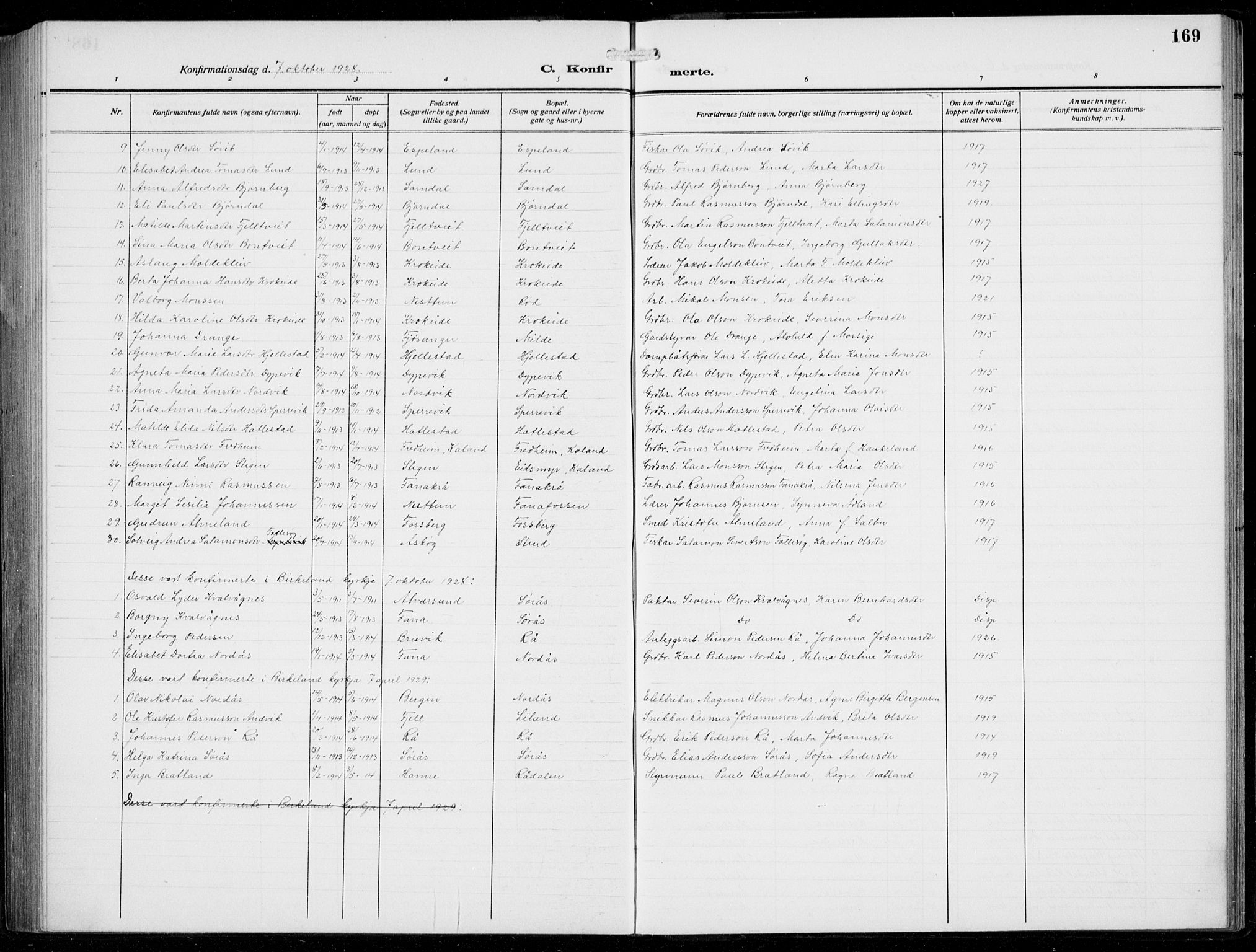 Fana Sokneprestembete, SAB/A-75101/H/Hab/Haba/L0005: Parish register (copy) no. A 5, 1911-1932, p. 169