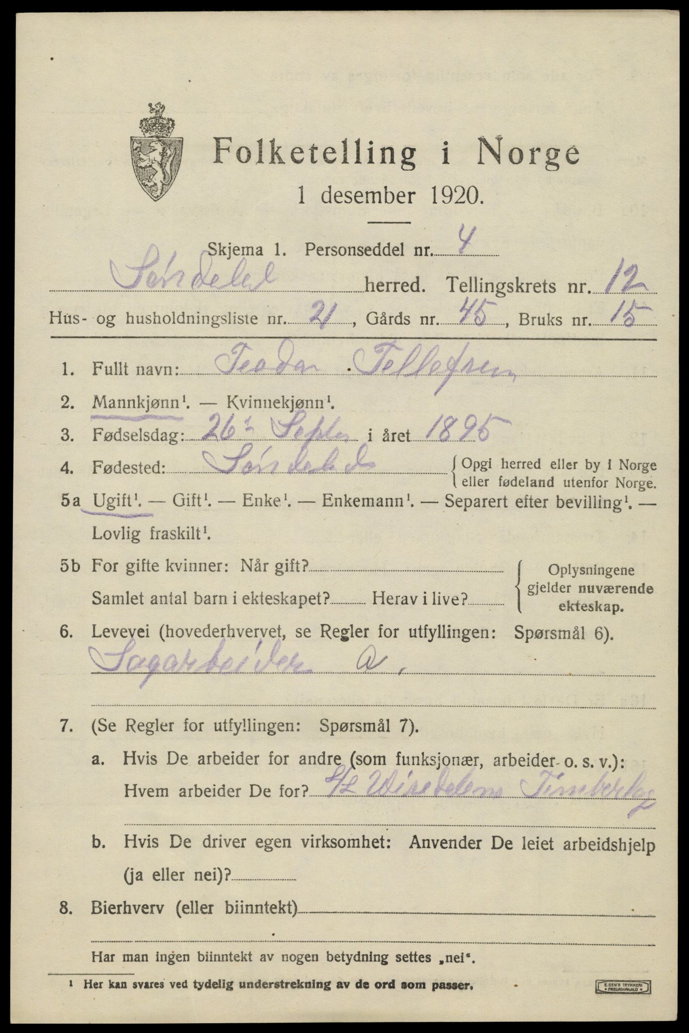 SAK, 1920 census for Søndeled, 1920, p. 6071