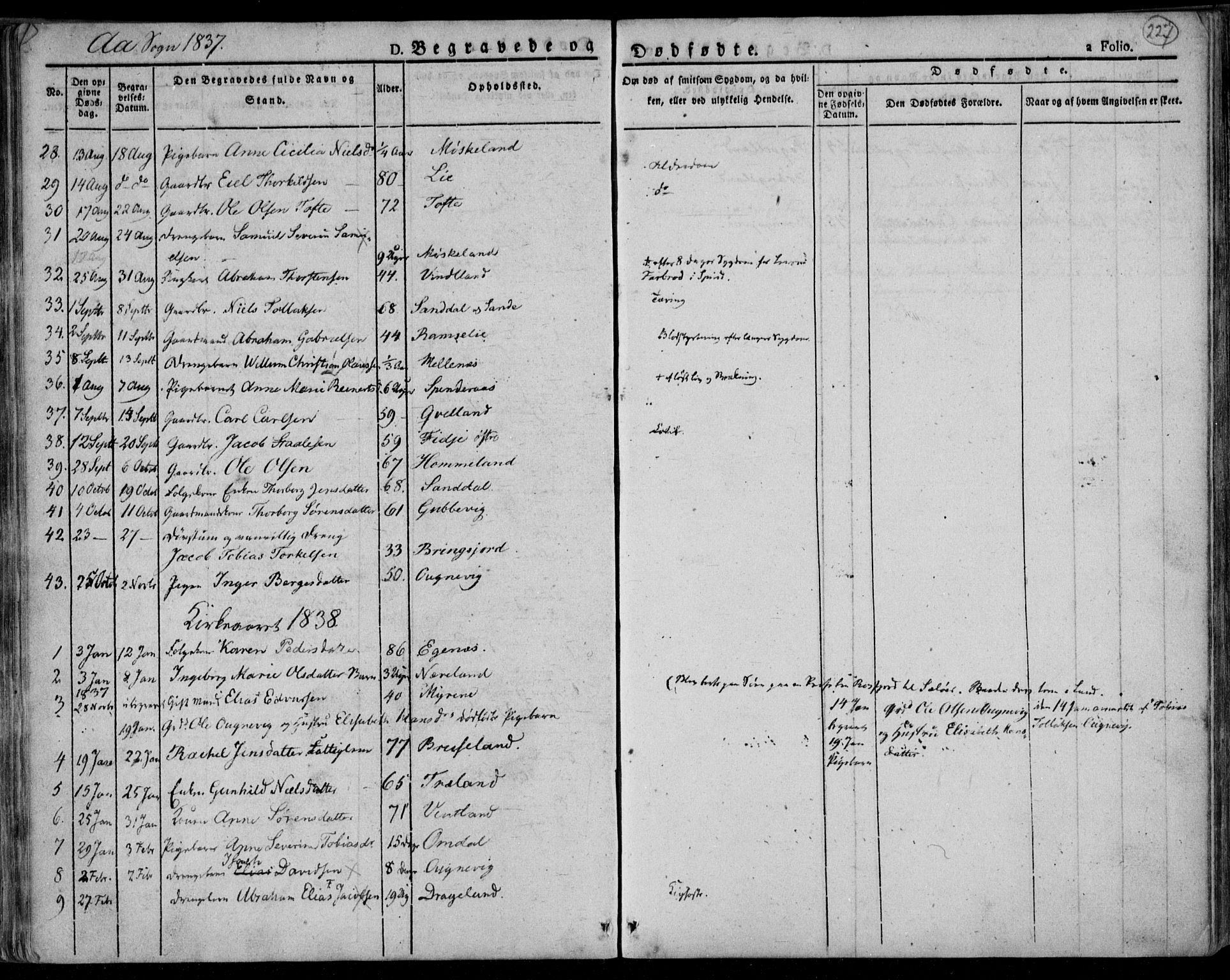 Lyngdal sokneprestkontor, AV/SAK-1111-0029/F/Fa/Fac/L0007: Parish register (official) no. A 7, 1825-1838, p. 227