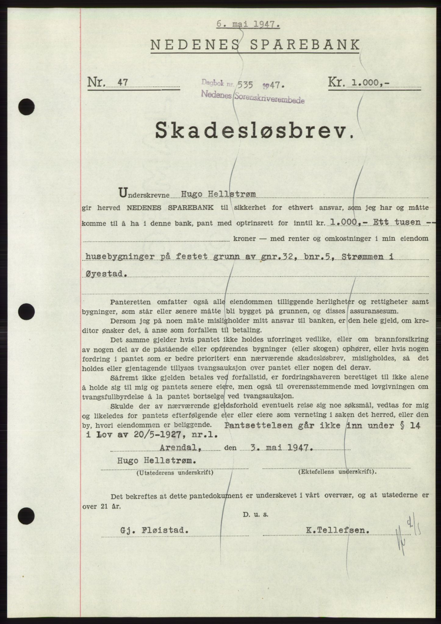 Nedenes sorenskriveri, AV/SAK-1221-0006/G/Gb/Gbb/L0004: Mortgage book no. B4, 1947-1947, Diary no: : 535/1947