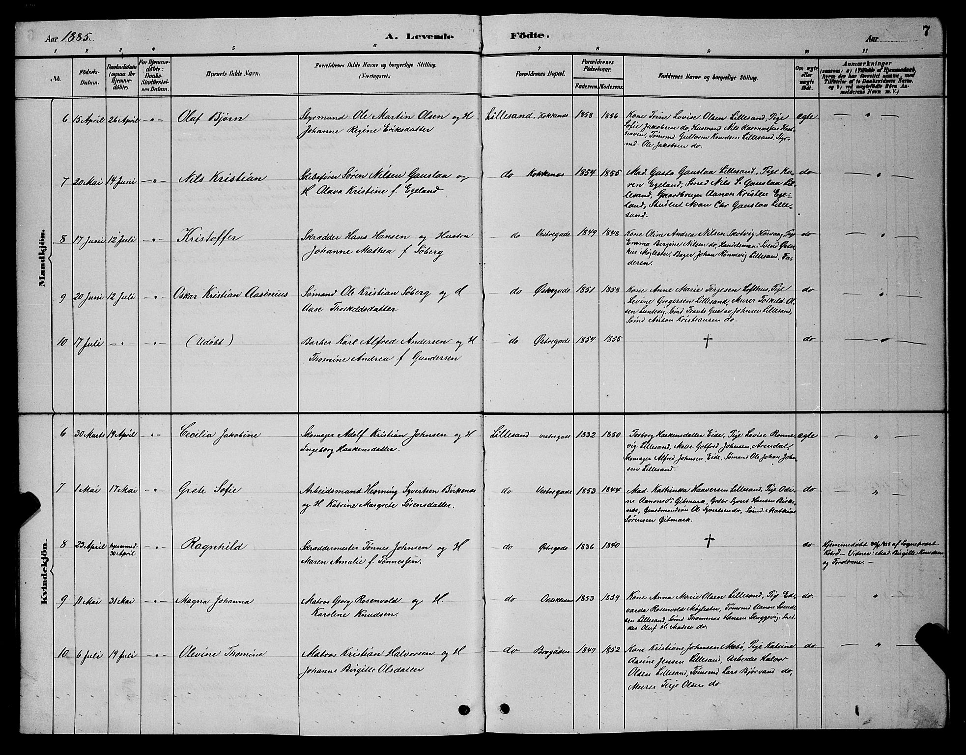 Vestre Moland sokneprestkontor, AV/SAK-1111-0046/F/Fb/Fba/L0001: Parish register (copy) no. B 1, 1884-1903, p. 7