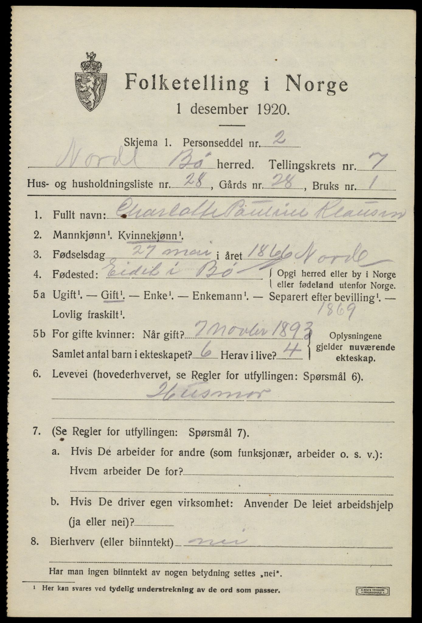 SAT, 1920 census for Bø, 1920, p. 6412