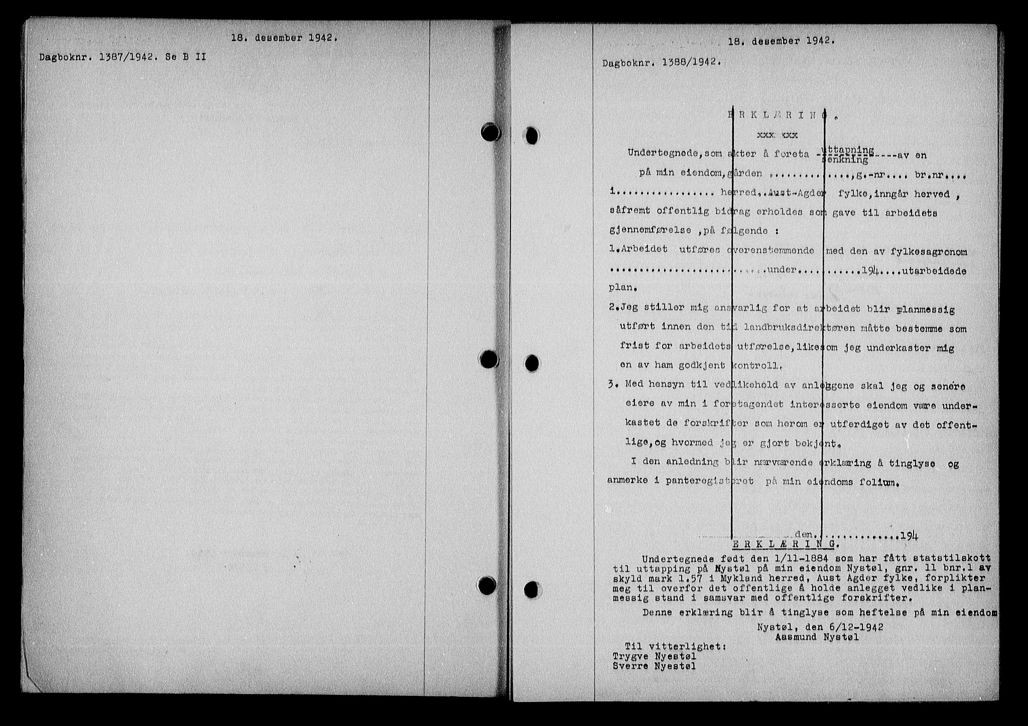 Nedenes sorenskriveri, SAK/1221-0006/G/Gb/Gba/L0050: Mortgage book no. A-IV, 1942-1943, Diary no: : 1388/1942