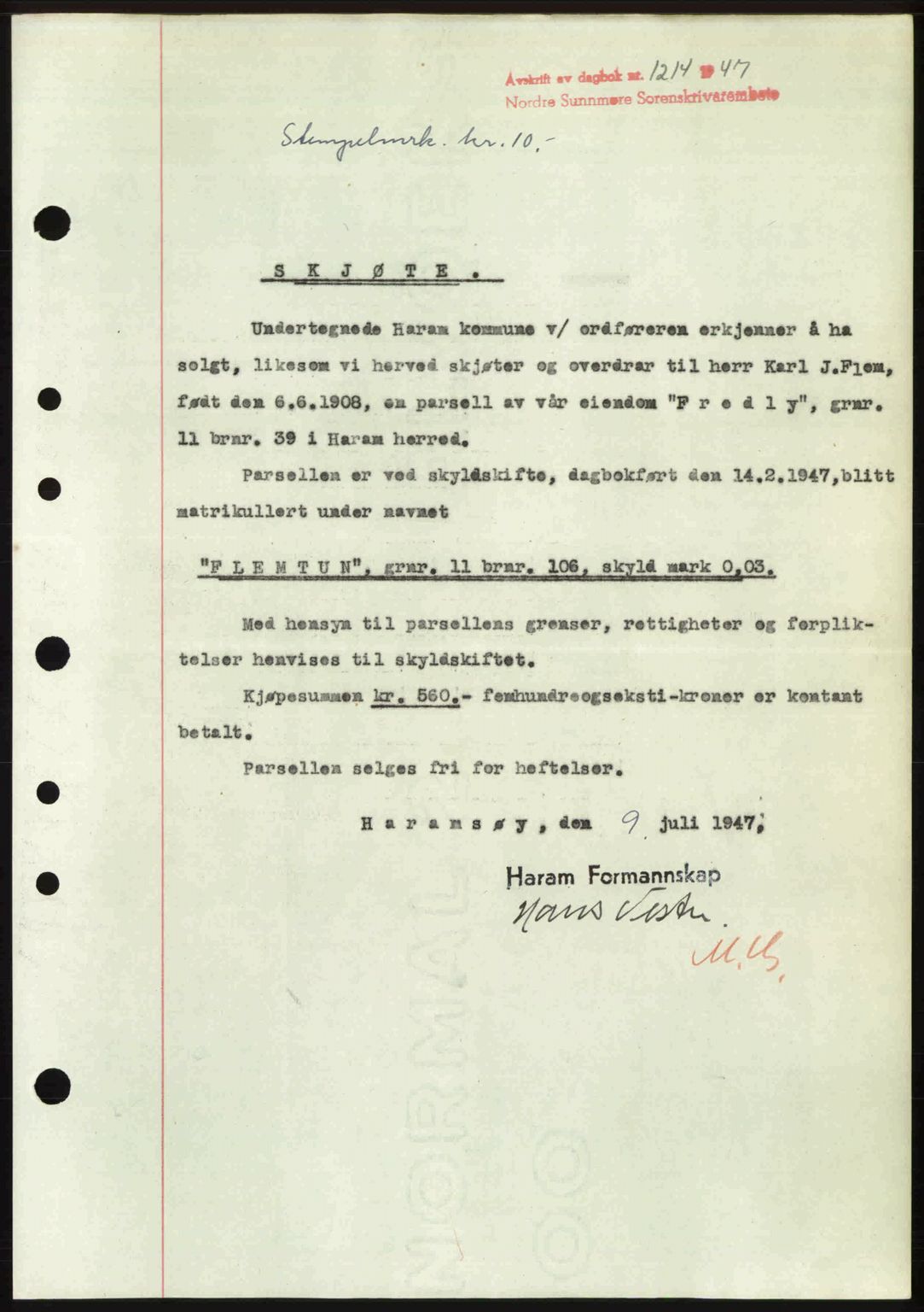 Nordre Sunnmøre sorenskriveri, AV/SAT-A-0006/1/2/2C/2Ca: Mortgage book no. A25, 1947-1947, Diary no: : 1214/1947