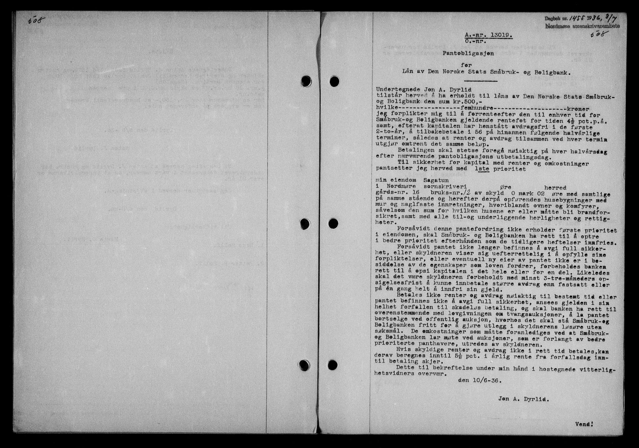 Nordmøre sorenskriveri, AV/SAT-A-4132/1/2/2Ca/L0088: Mortgage book no. 78, 1936-1936, Diary no: : 1455/1936