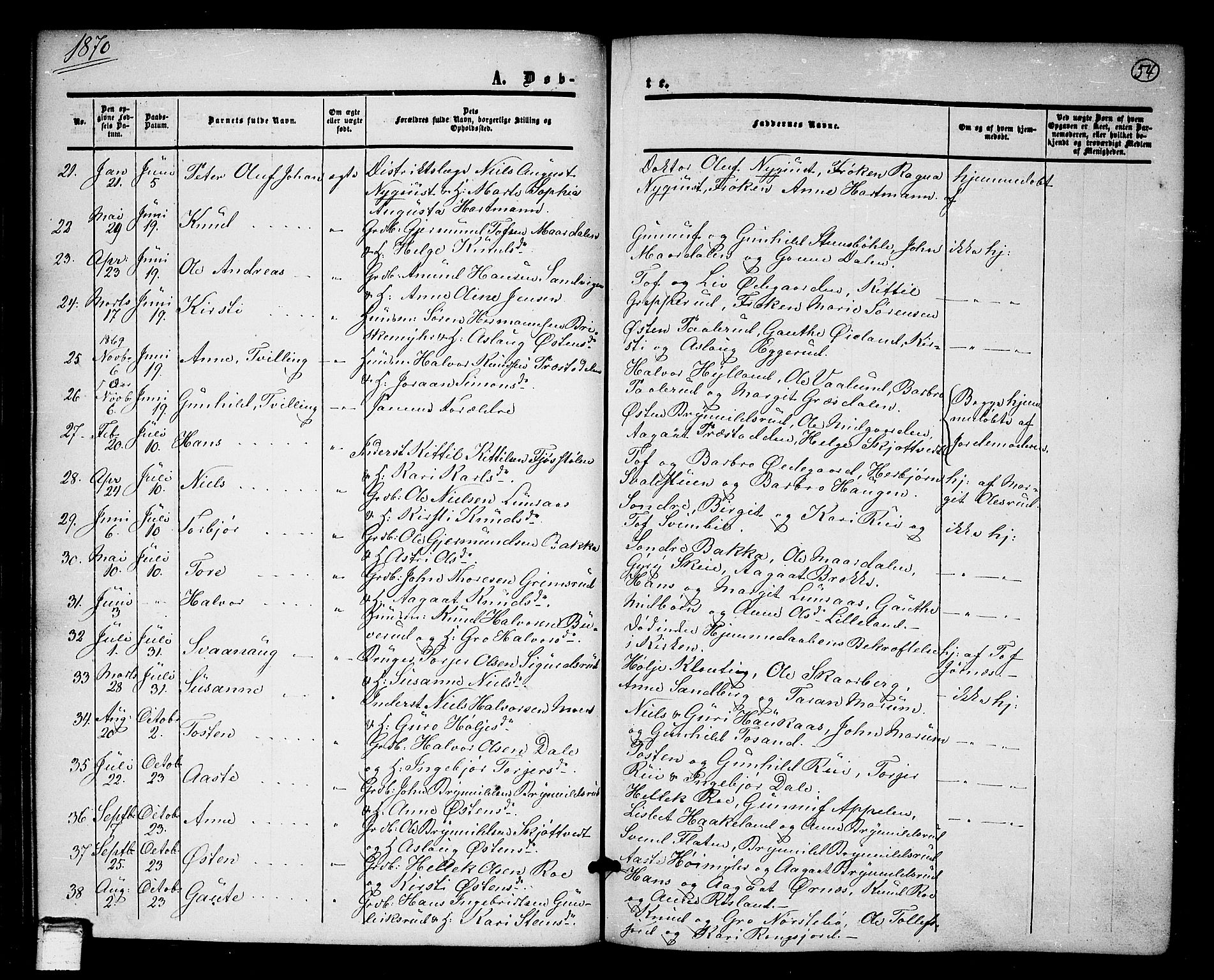 Tinn kirkebøker, SAKO/A-308/G/Ga/L0002: Parish register (copy) no. I 2, 1851-1883, p. 54