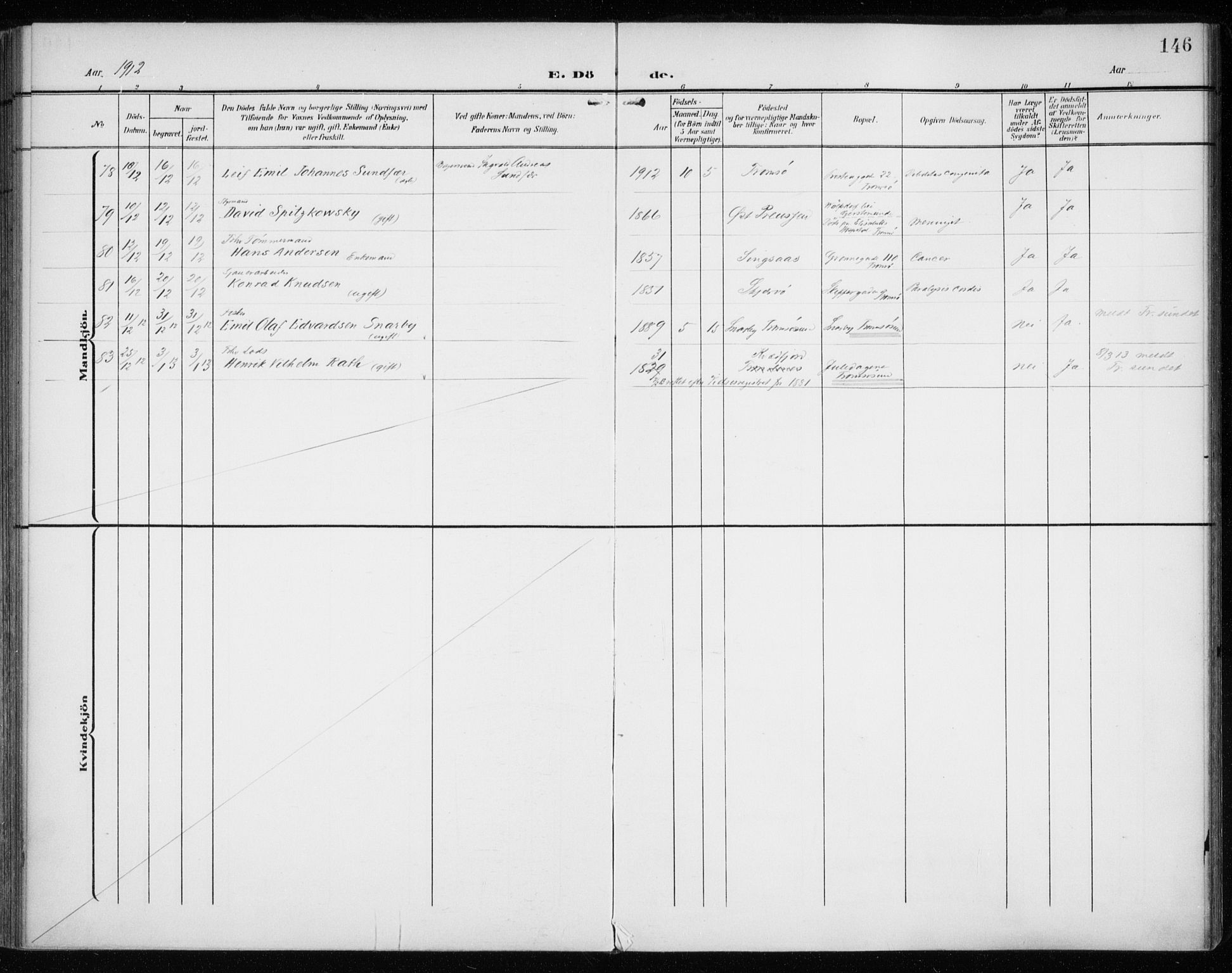 Tromsø sokneprestkontor/stiftsprosti/domprosti, SATØ/S-1343/G/Ga/L0018kirke: Parish register (official) no. 18, 1907-1917, p. 146