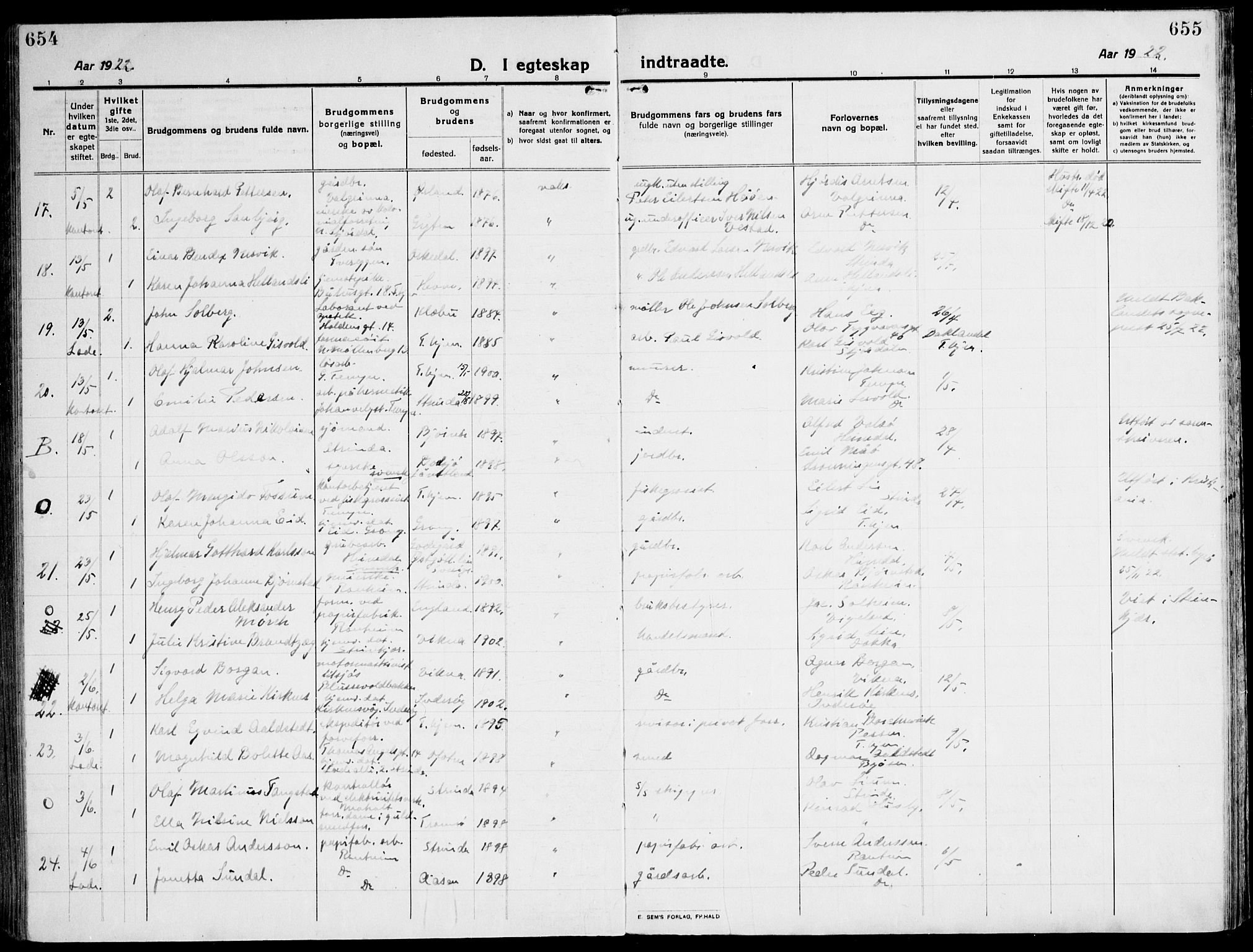 Ministerialprotokoller, klokkerbøker og fødselsregistre - Sør-Trøndelag, SAT/A-1456/607/L0321: Parish register (official) no. 607A05, 1916-1935, p. 654-655