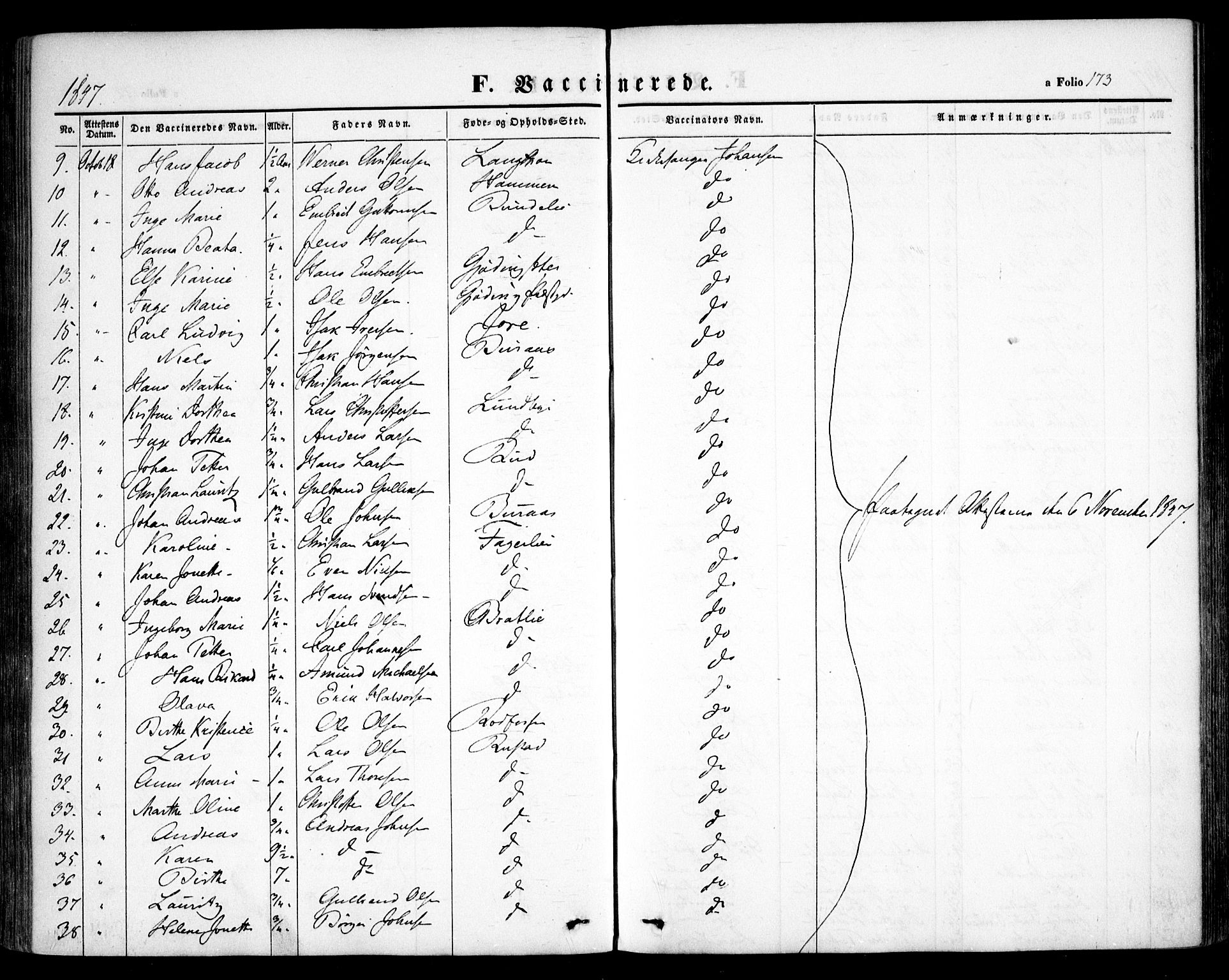 Hurdal prestekontor Kirkebøker, AV/SAO-A-10889/F/Fa/L0005: Parish register (official) no. I 5, 1846-1859, p. 173