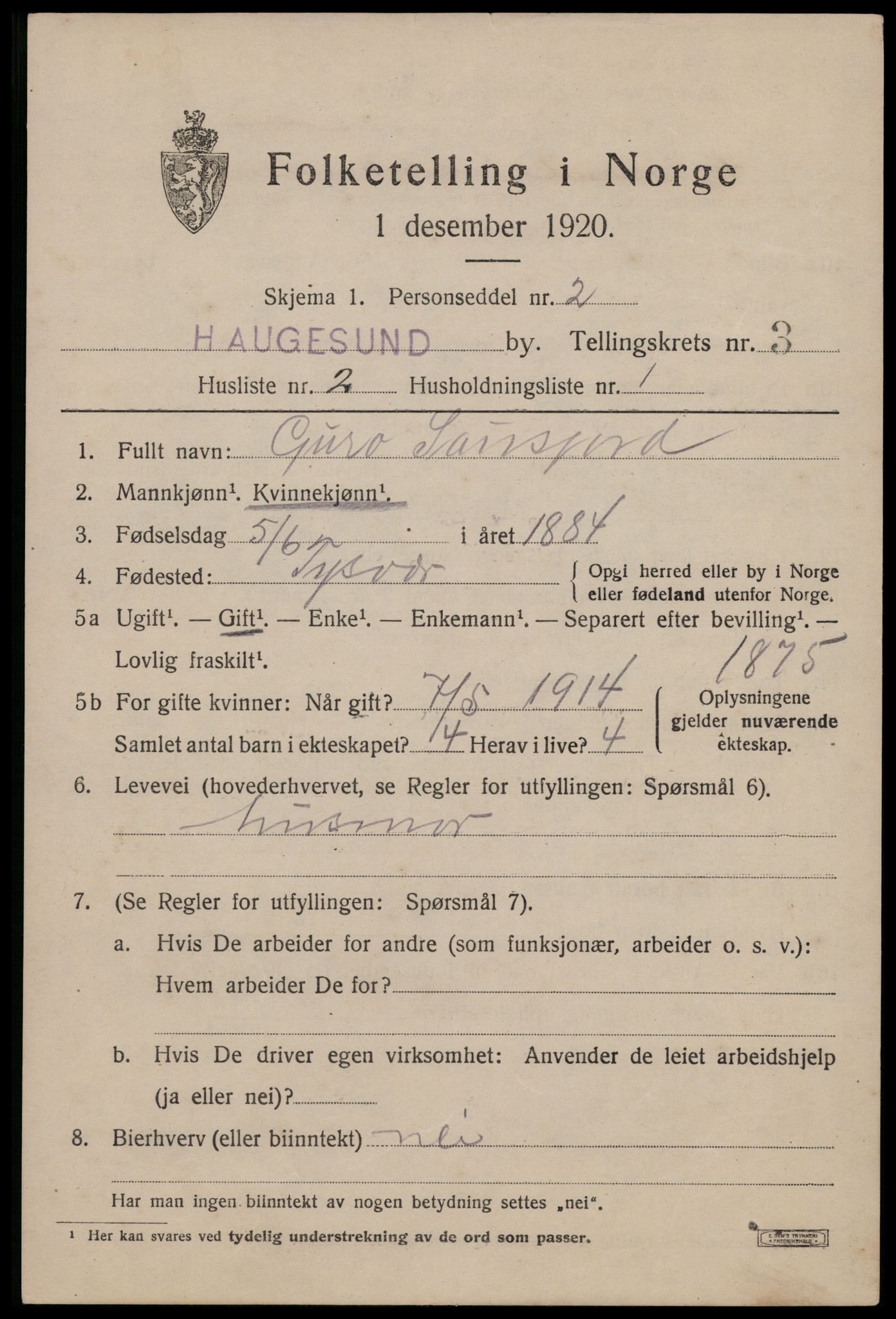 SAST, 1920 census for Haugesund, 1920, p. 14367