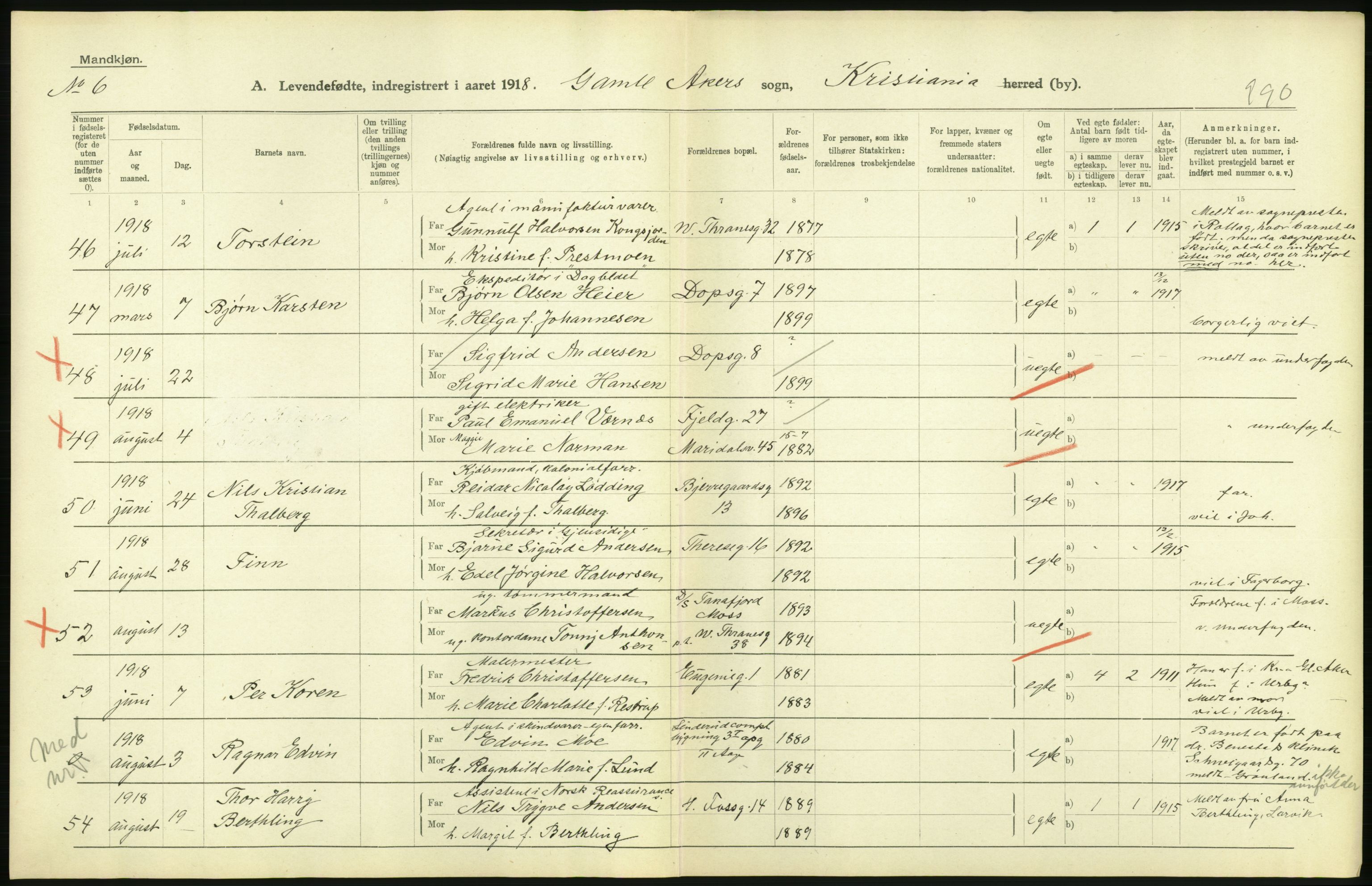 Statistisk sentralbyrå, Sosiodemografiske emner, Befolkning, AV/RA-S-2228/D/Df/Dfb/Dfbh/L0008: Kristiania: Levendefødte menn og kvinner., 1918, p. 98